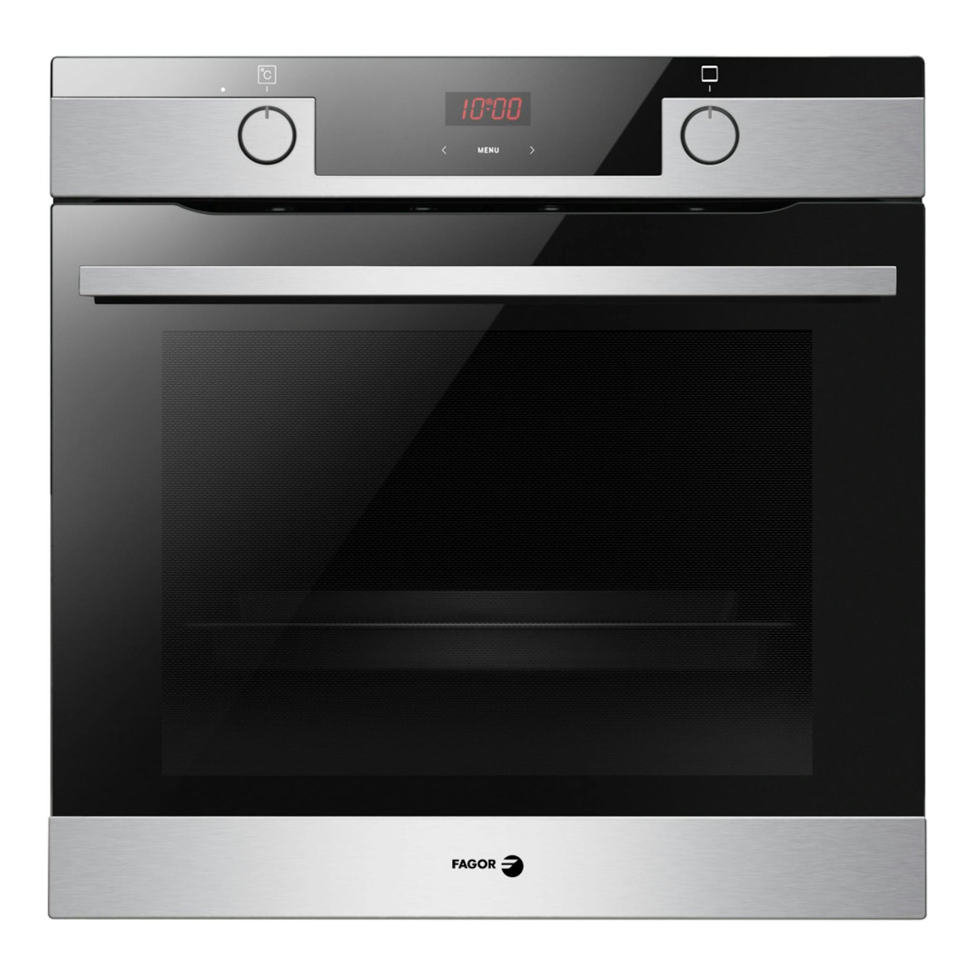 Horno integrable Fagor 8H-175AX, vista frontal, negro e inox, con panel digital y puerta de cristal.