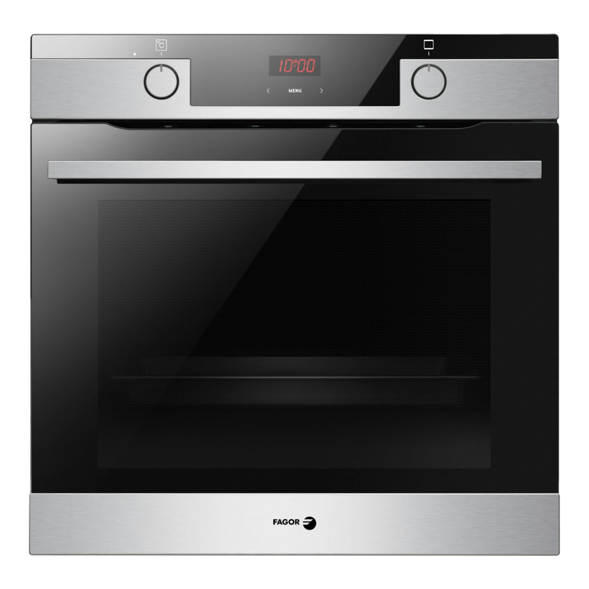 Horno integrable Fagor 8H-175AX, vista frontal, negro e inox, con panel digital y puerta de cristal.