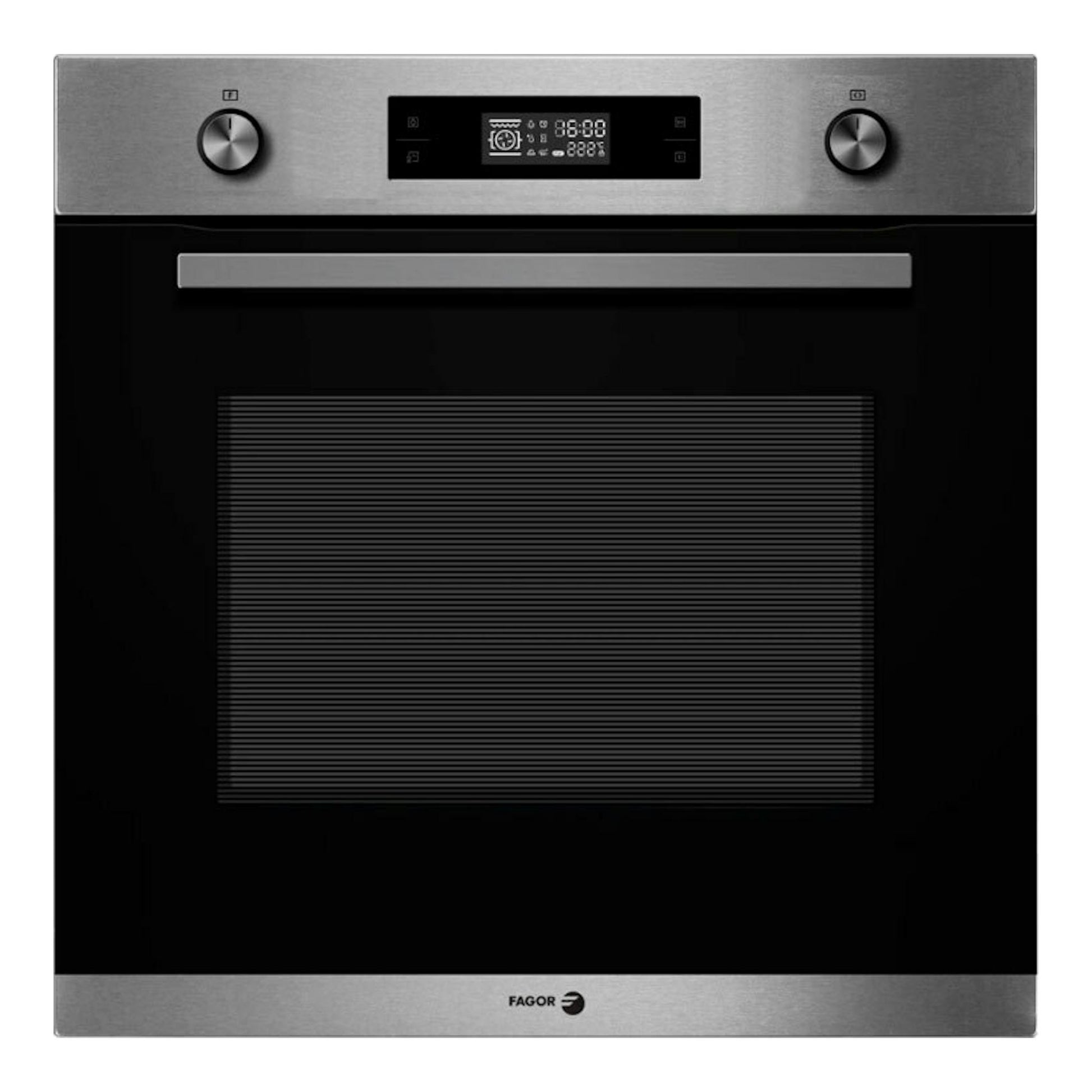 Horno Fagor 8H740BX inox, vista frontal, puerta negra con panel y mandos plateados.