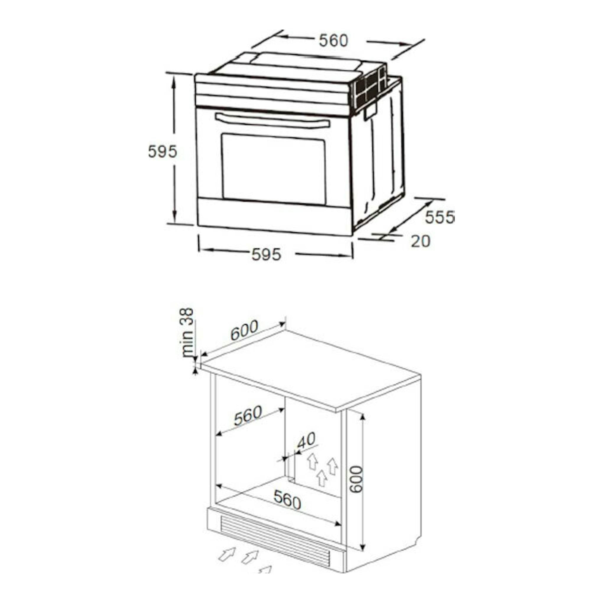 Esquema técnico del horno Fagor 8H740BX inox con medidas y vista frontal/lateral de instalación.