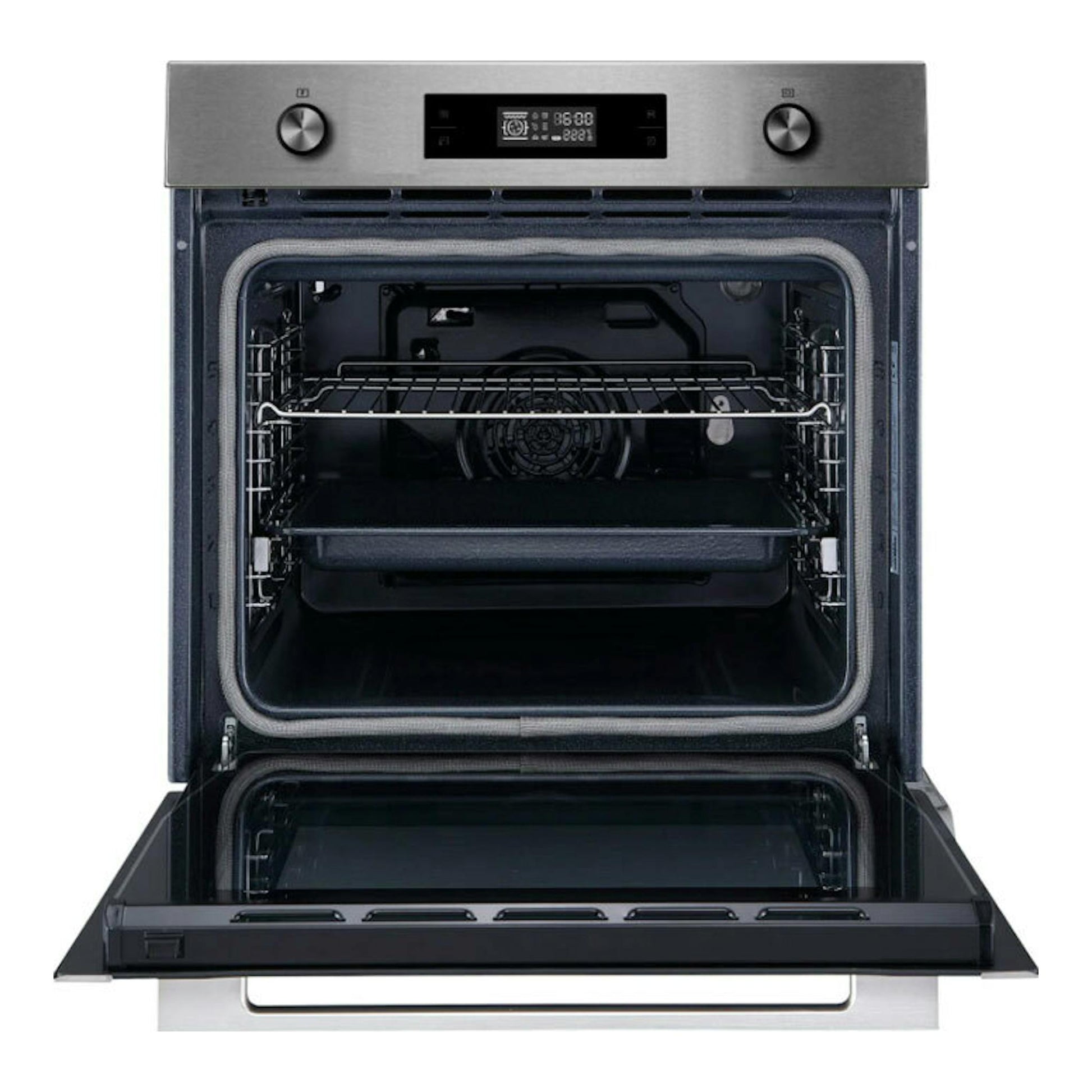 Horno Fagor 8H740BX inox, vista frontal con puerta abatible abierta, interior negro y panel de control digital.