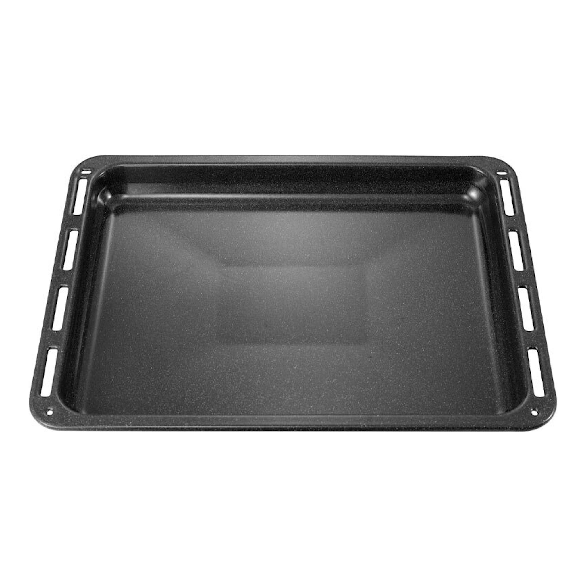Bandeja de horno negra, vista superior, con bordes perforados y asas laterales.