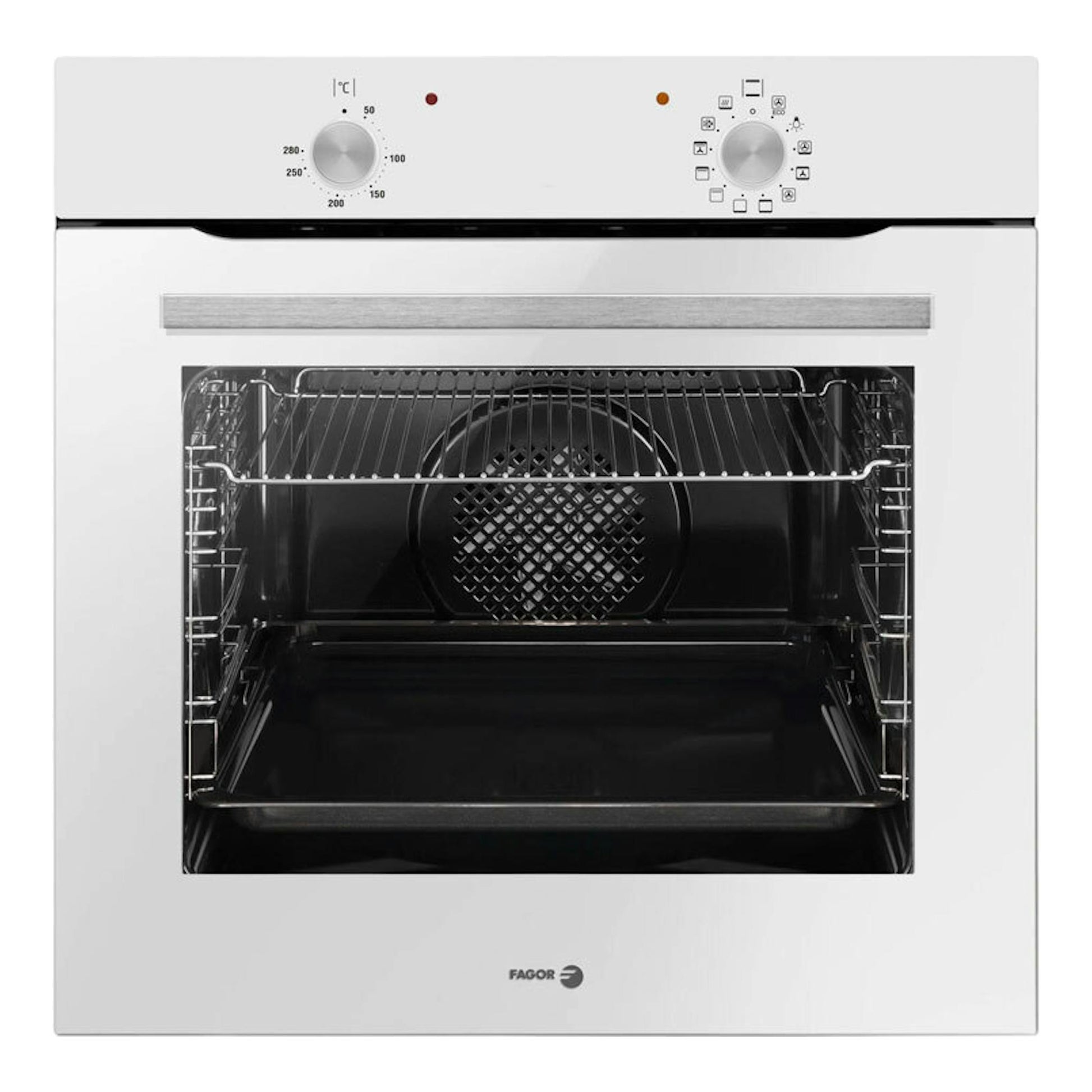 Horno Fagor 9H-110BB blanco, vista frontal, con dos mandos y puerta de cristal mostrando el interior.
