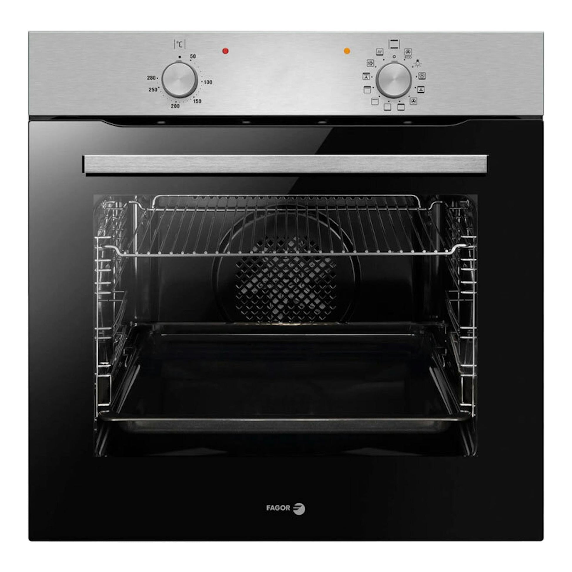 Horno Fagor 9H-110BX inox, vista frontal, dos mandos y puerta abierta, frontal negro con panel de acero.