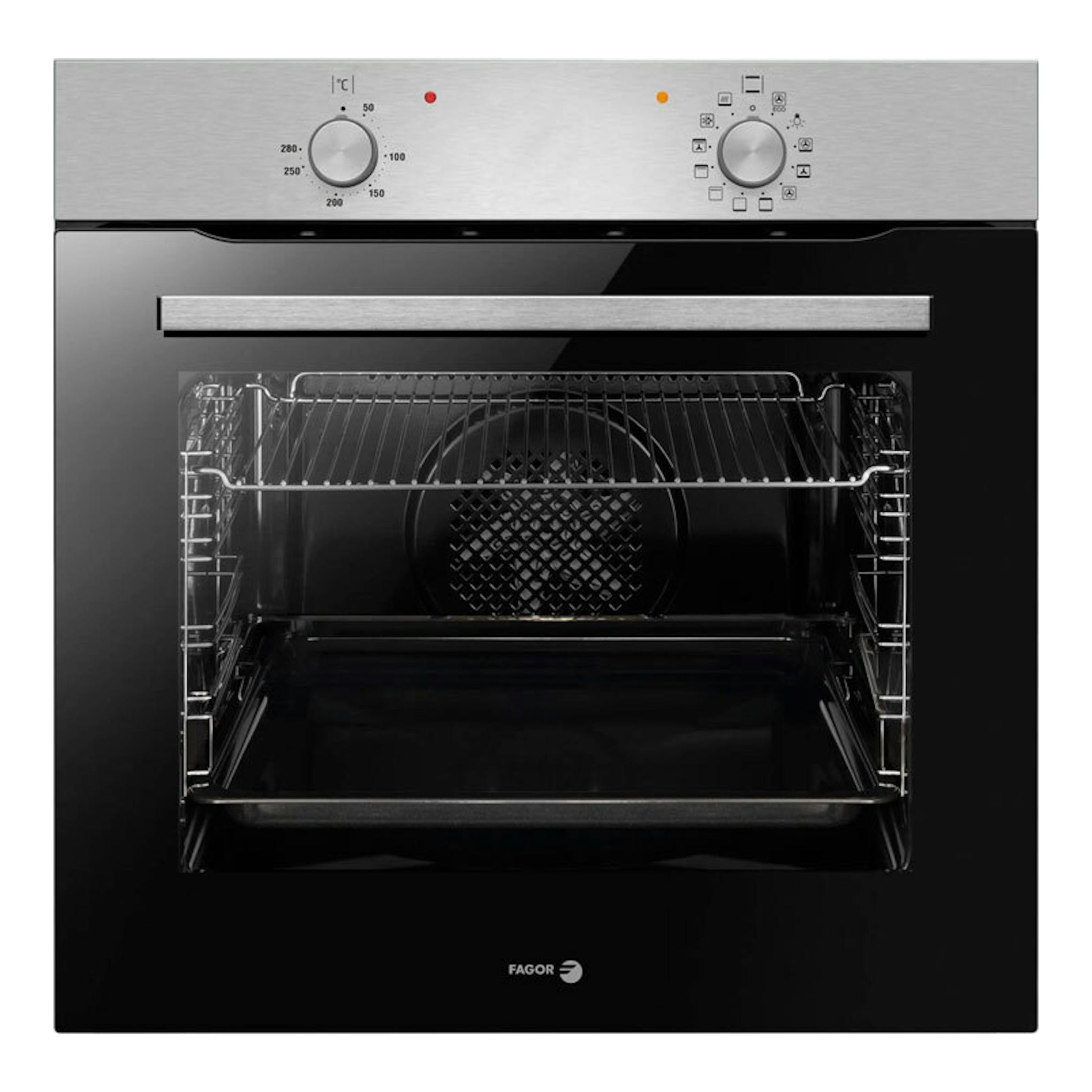 Horno Fagor 9H-110BX inox, vista frontal, dos mandos y puerta abierta, frontal negro con panel de acero.