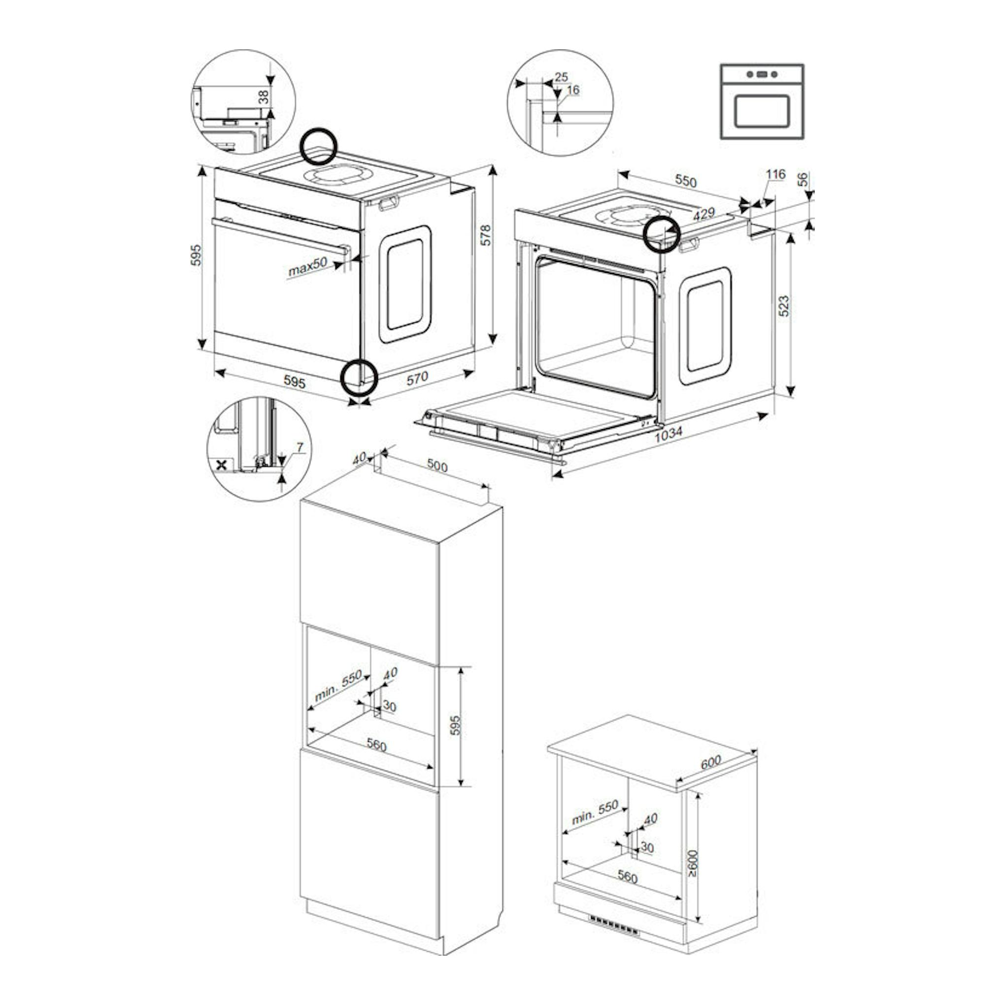Diagrama técnico del horno Fagor 9H-110BX Inox, vistas frontal y lateral en blanco y negro con medidas.
