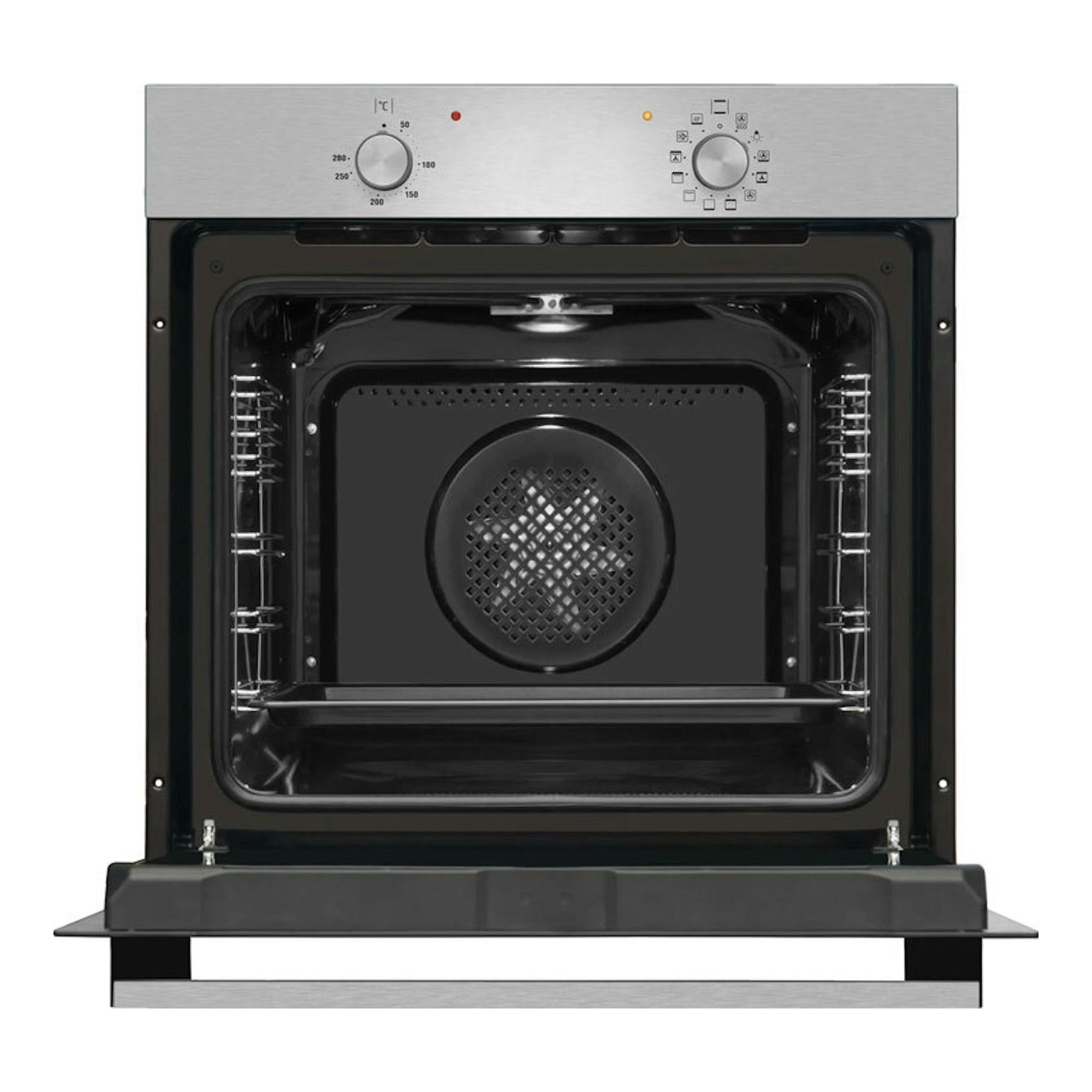 Horno Fagor 9H-110BX inox, vista frontal con puerta abierta, interior negro y panel superior con dos mandos.