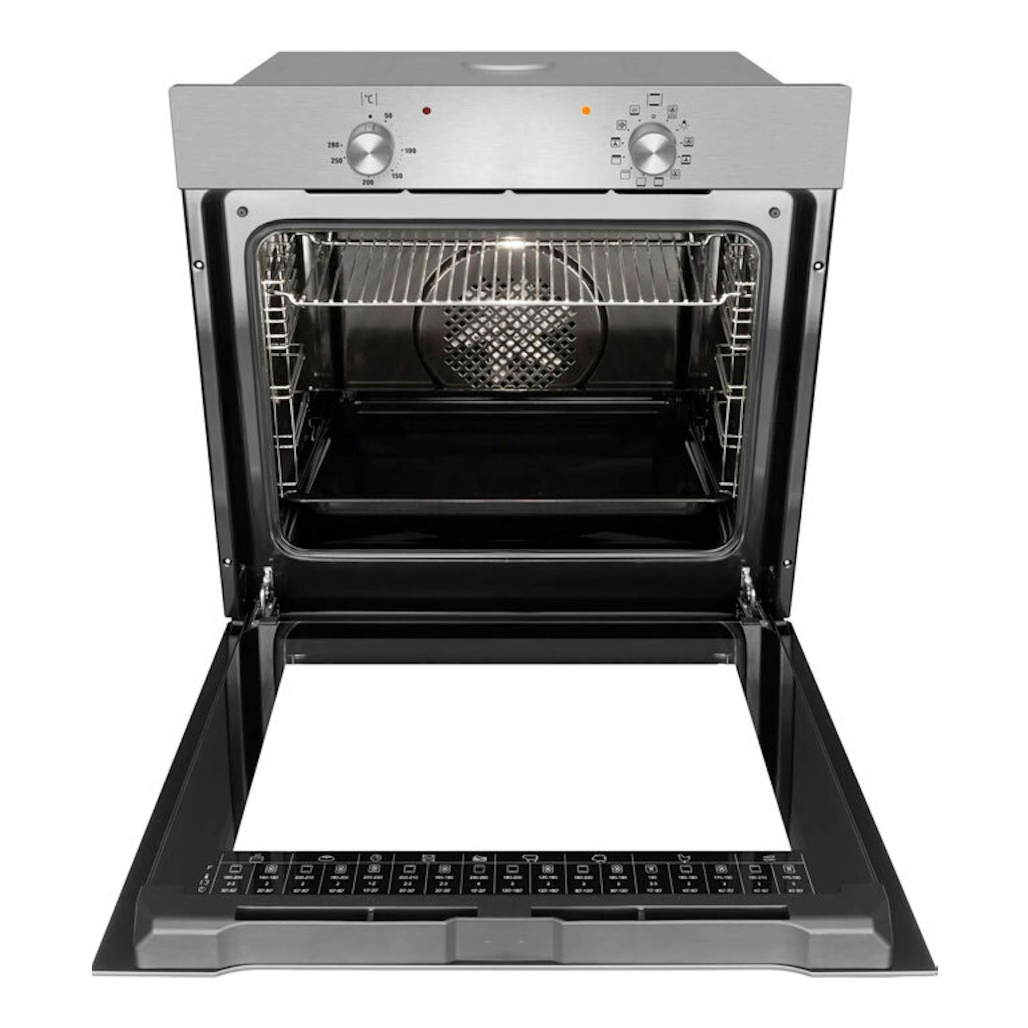 Horno Fagor 9H-110BX inox abierto, vista frontal, con mandos y cavidad interior negra.