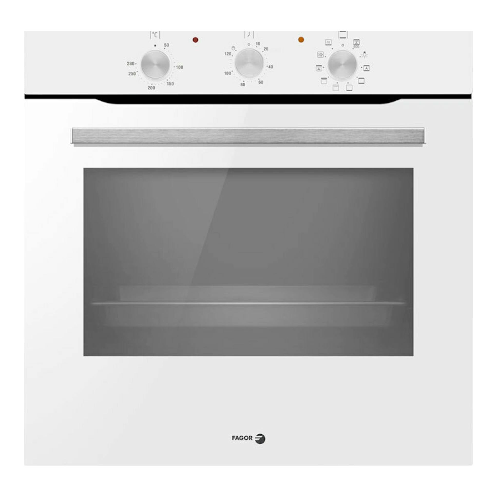 Horno Fagor 9H-115BB blanco, vista frontal, con puerta de vidrio negro y tres mandos superiores.
