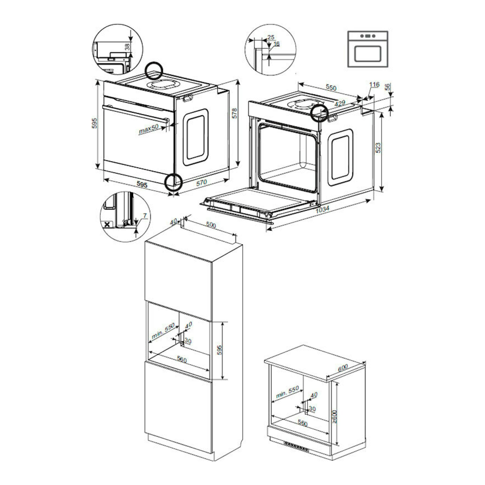 Diagrama técnico de instalación del horno Fagor 9H-115BB blanco, con vistas frontal y lateral y medidas.