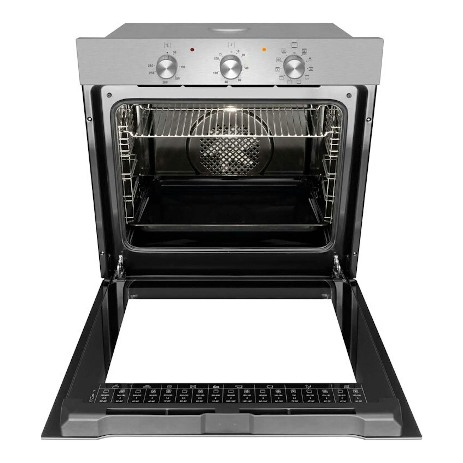 Horno Fagor 9H-115BX inox, vista frontal con la puerta abatida y el interior visible.