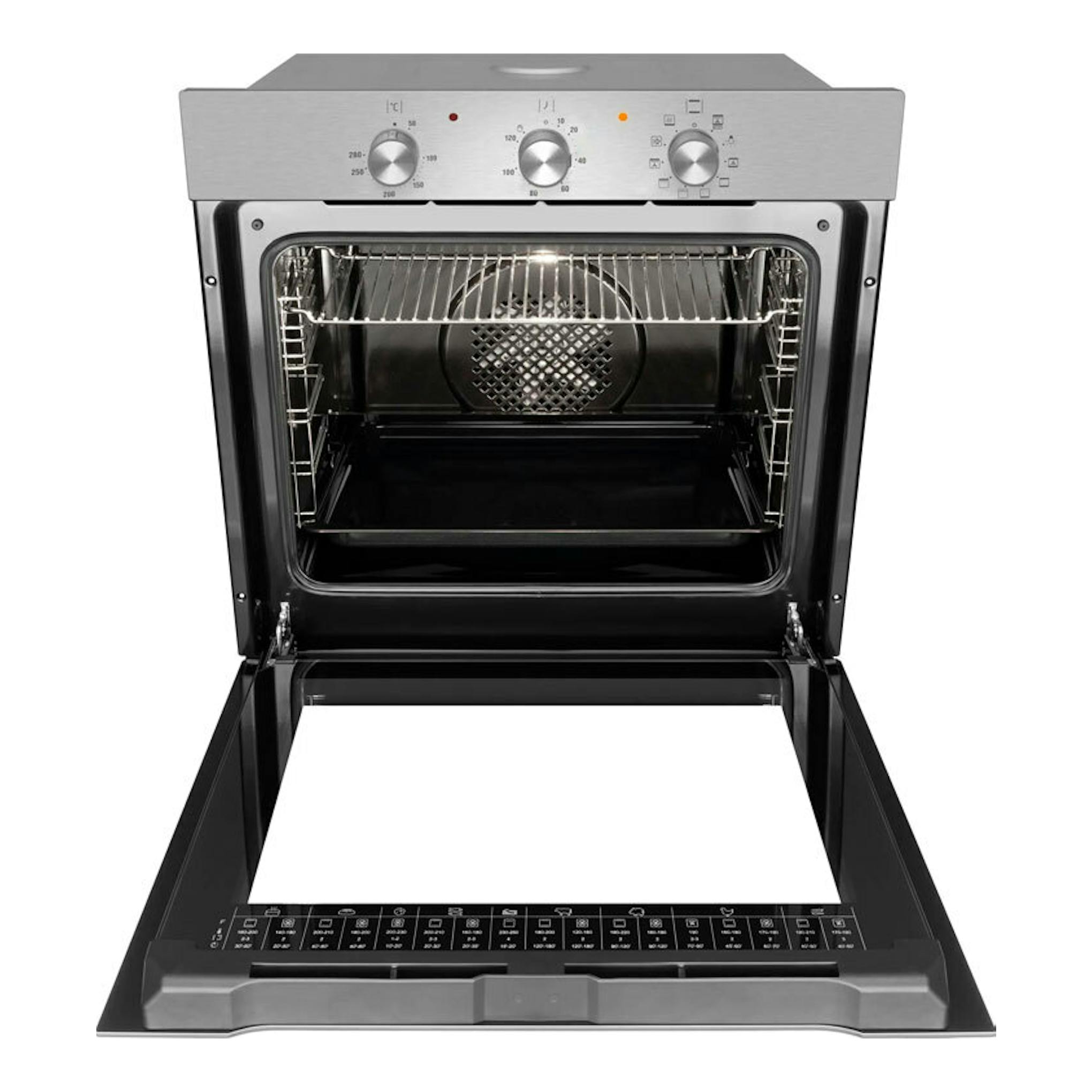 Horno Fagor 9H-115BX inox, vista frontal con la puerta abatida y el interior visible.