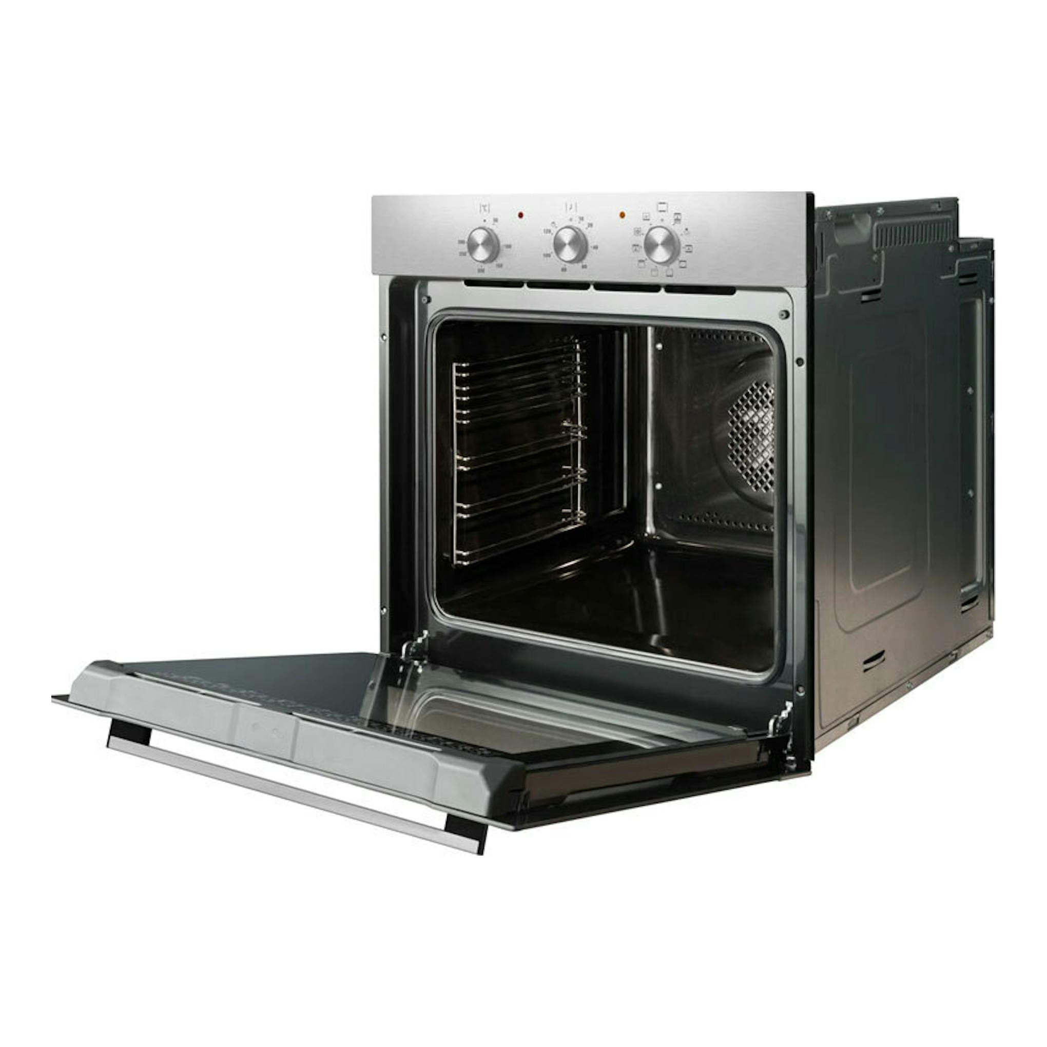 Horno Fagor 9H-115BX inox, vista frontal con la puerta abatida y el interior visible.