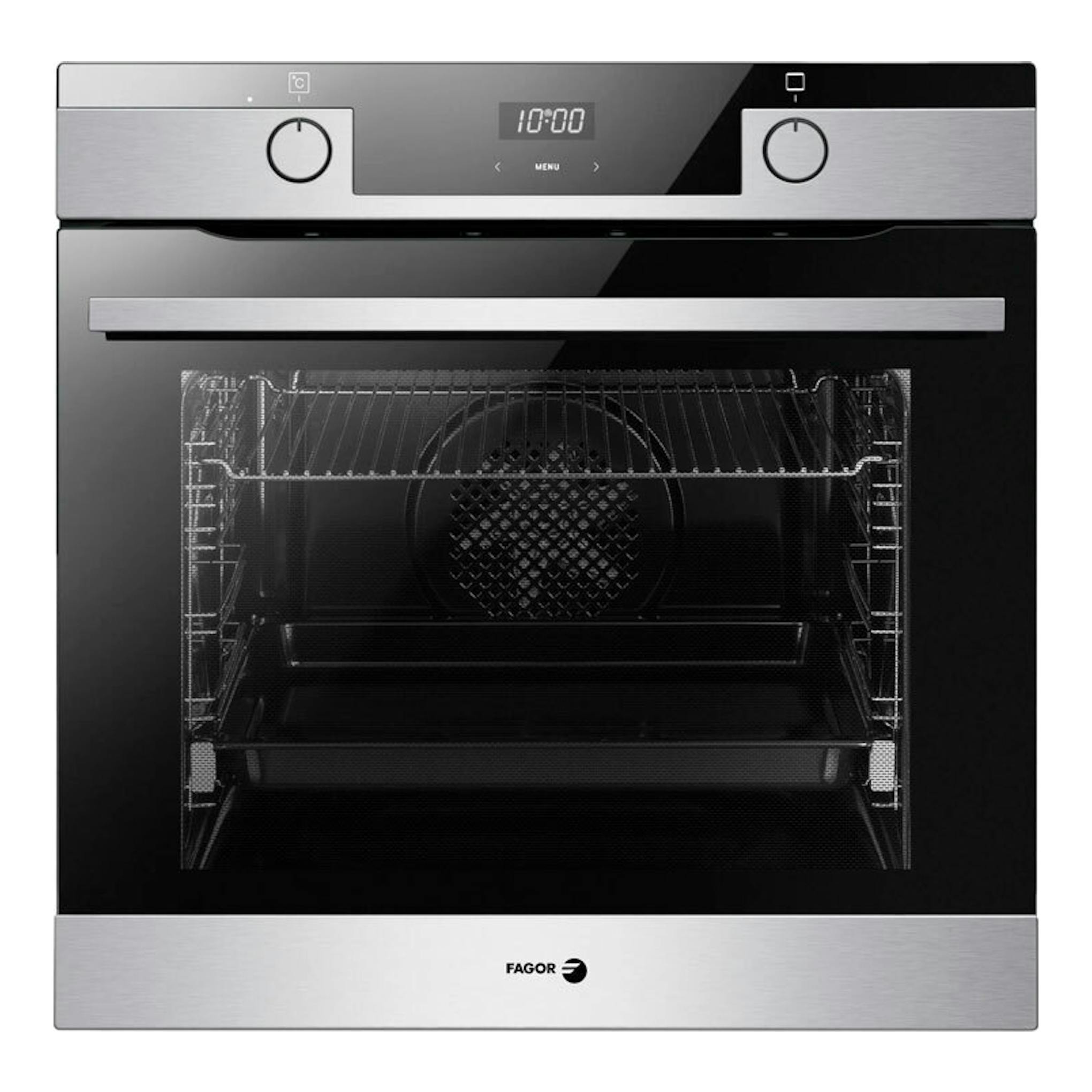 Horno Fagor 9H-175AX inox, vista frontal, puerta de cristal negro, mandos y panel en acero inoxidable.