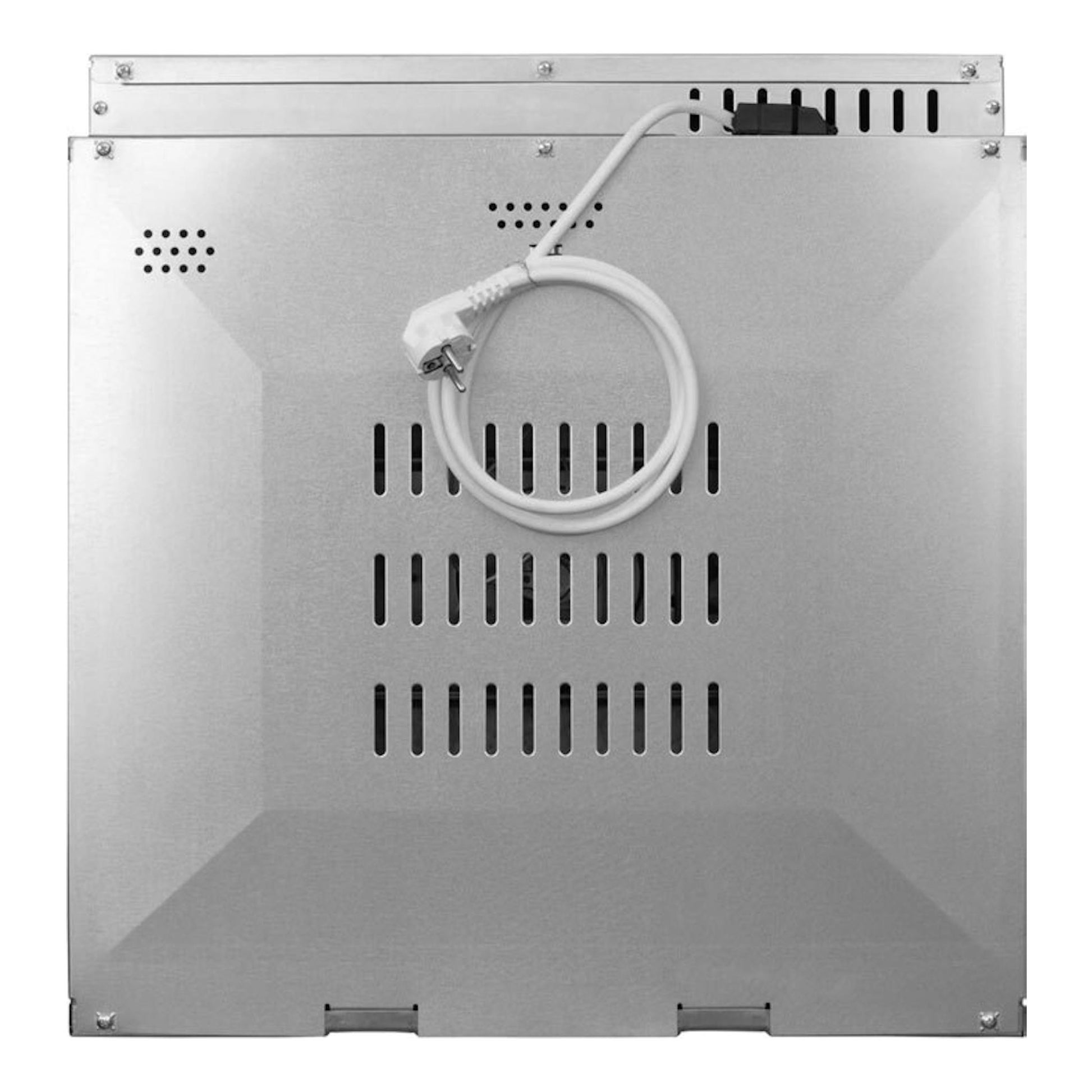 Horno Fagor 9H-175AX inox, vista trasera en acero inoxidable, con cable de alimentación enrollado.