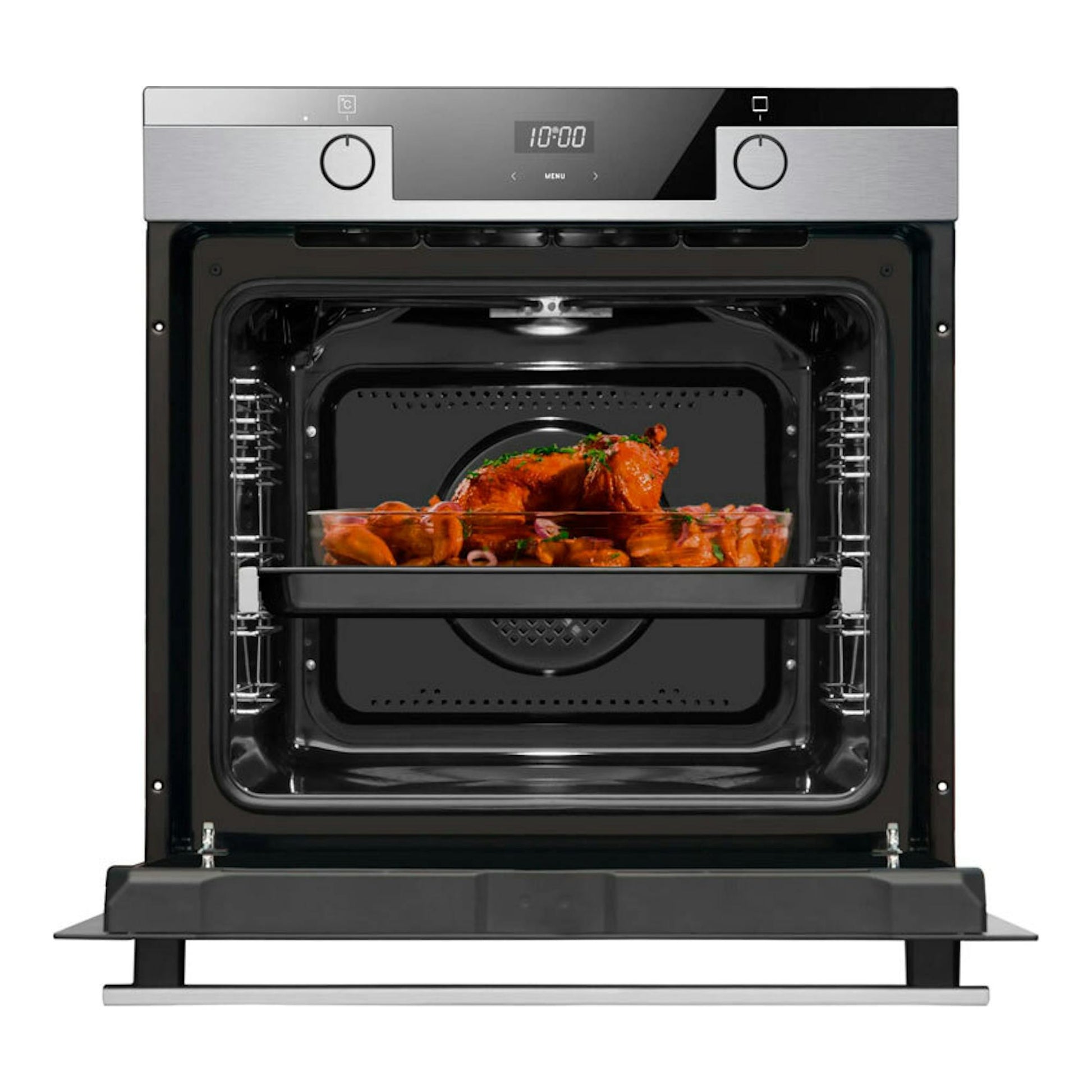 Horno Fagor 9H-175AX inox, vista frontal con puerta abatida y bandeja con pollo asado en el interior.