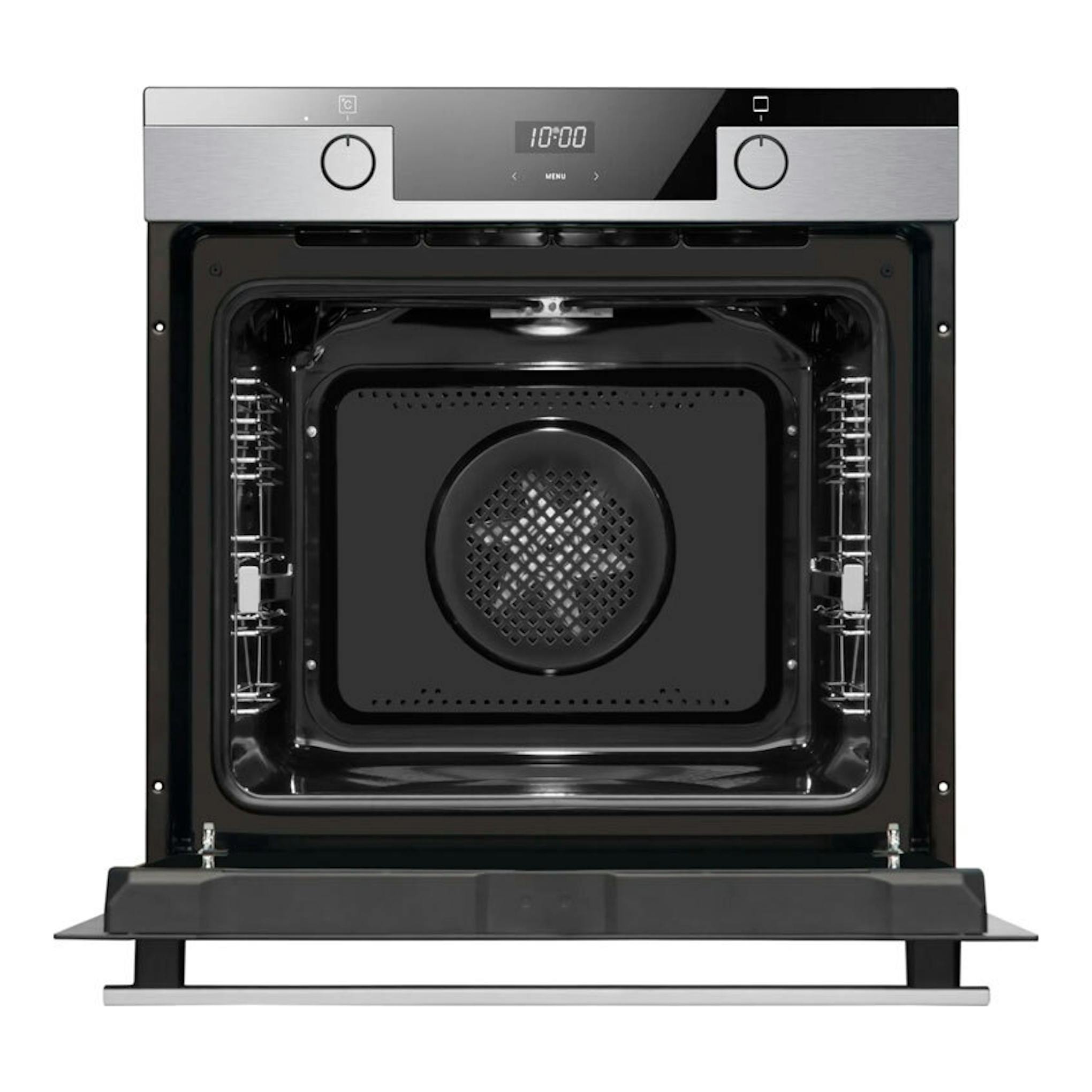 Horno Fagor 9H-175AX inox, vista frontal, puerta abatible abierta, interior negro y panel inoxidable.