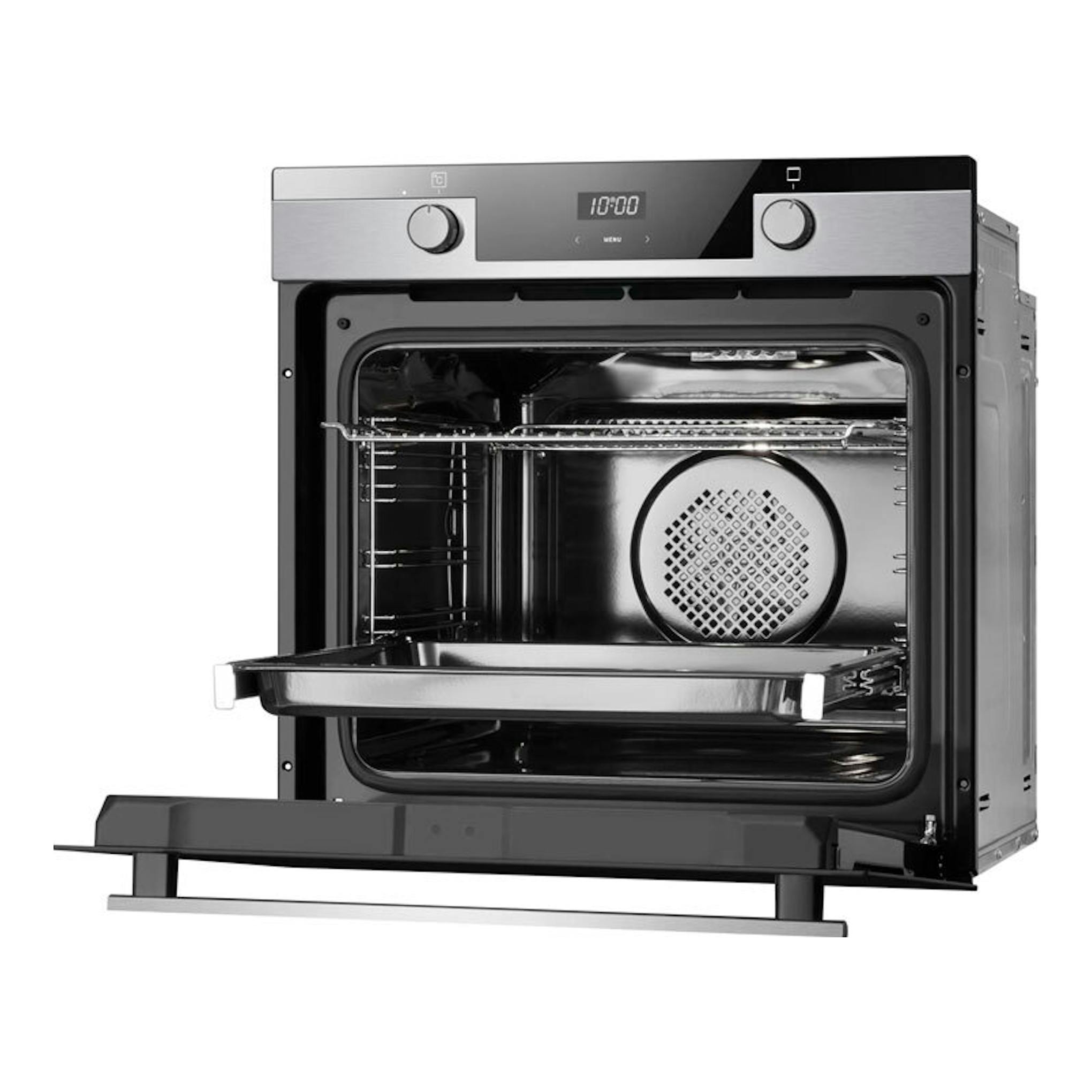 Horno Fagor 9H-175AX Inox, vista frontal, puerta abatible abierta, acero inoxidable y negro.