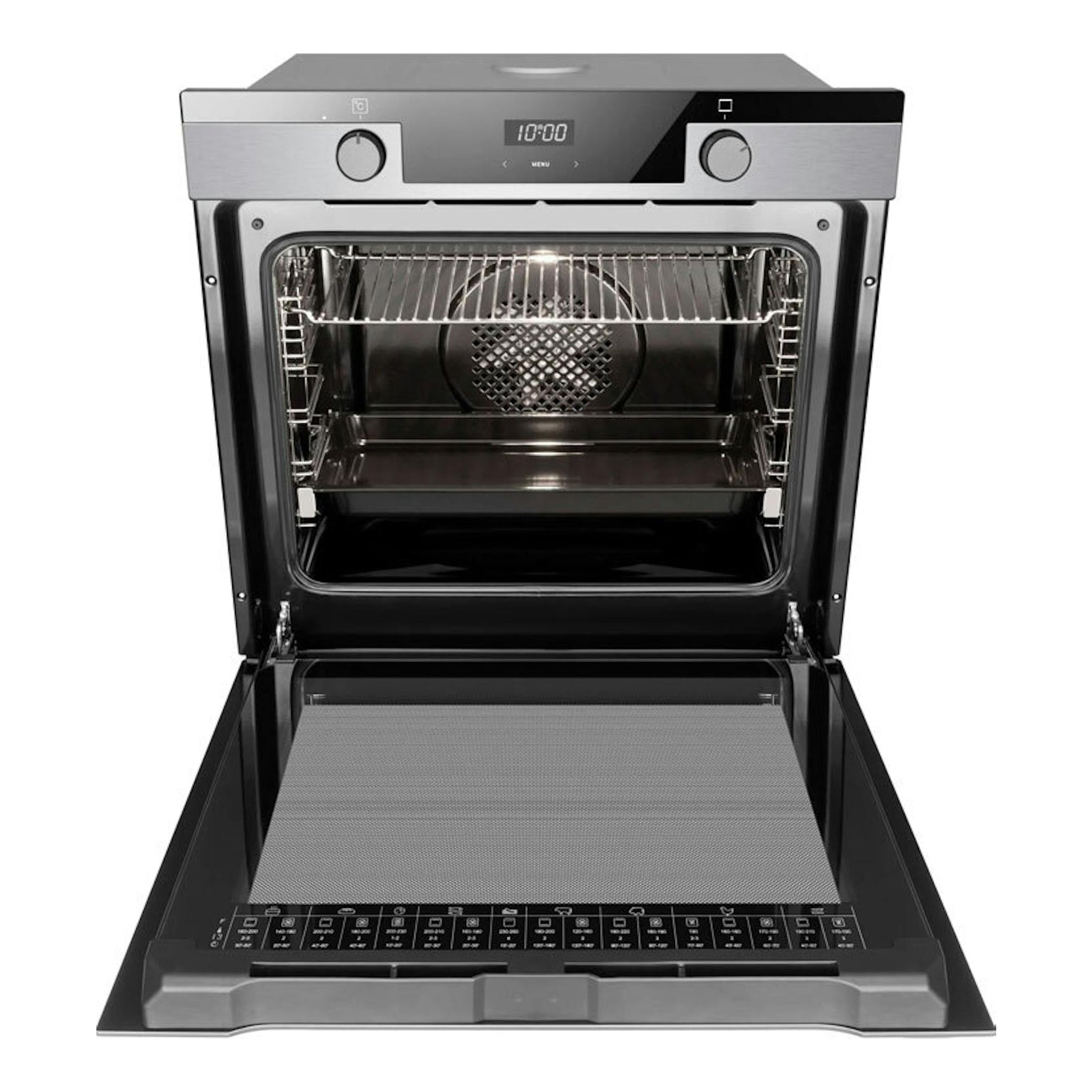 Horno Fagor 9H-175AX inox, visto de frente con la puerta abierta y el interior negro visible.
