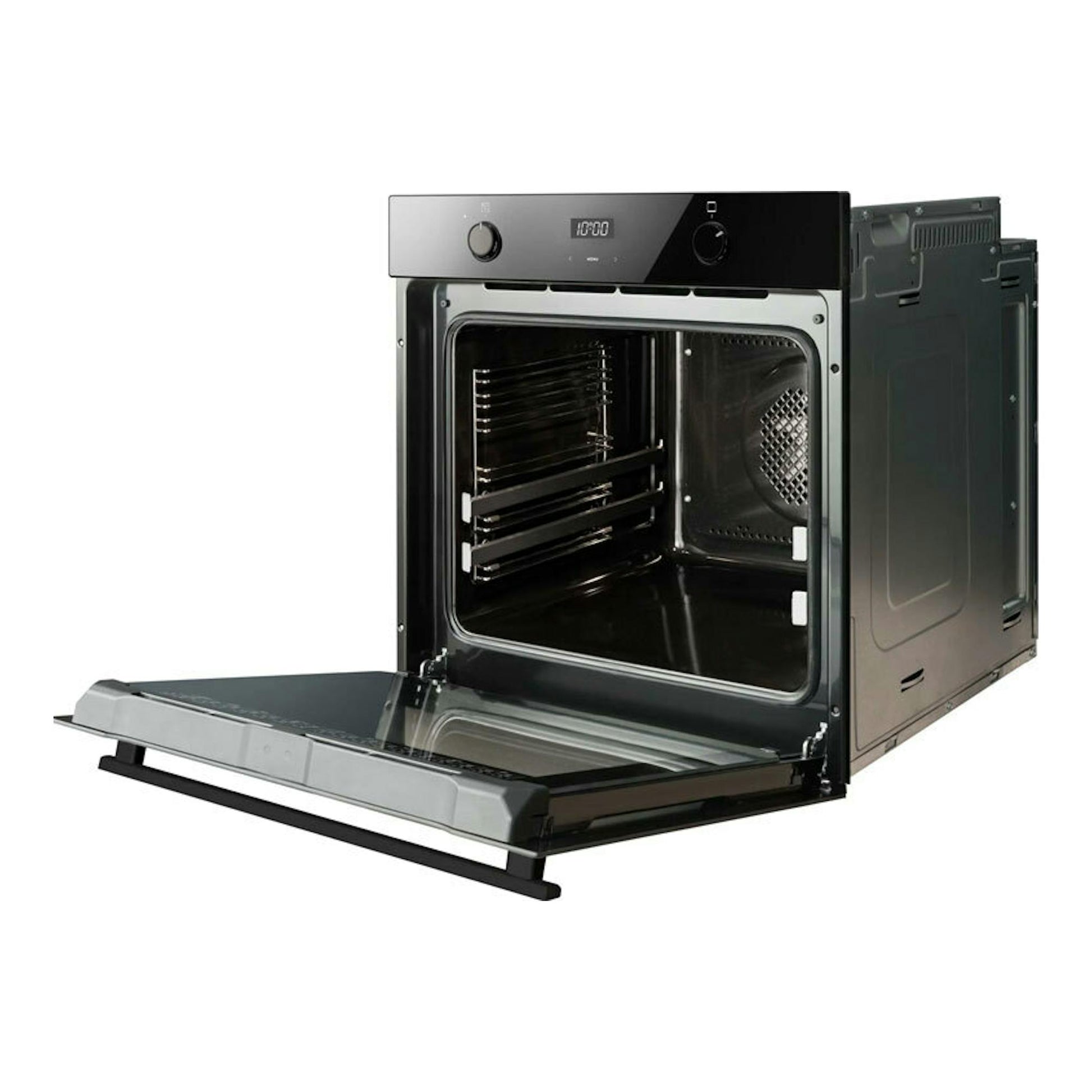 Horno Fagor 9H-185AN de cristal negro, vista frontal en ángulo, con la puerta abatida y el interior abierto.