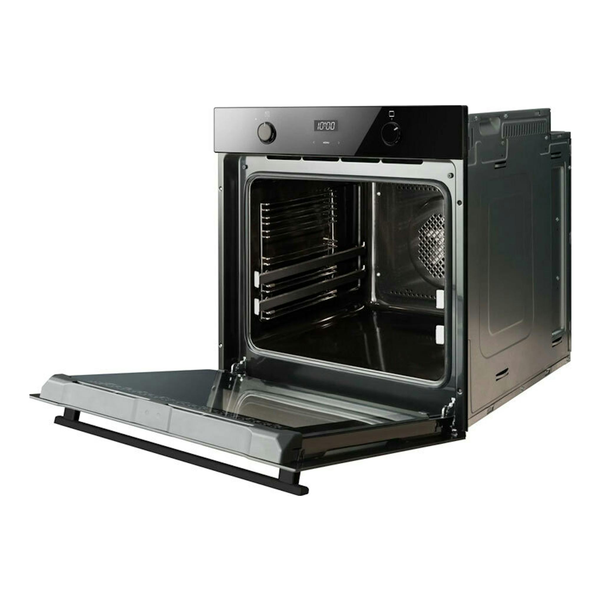 Horno Fagor 9H-185AN de cristal negro, vista frontal en ángulo, con la puerta abatida y el interior abierto.