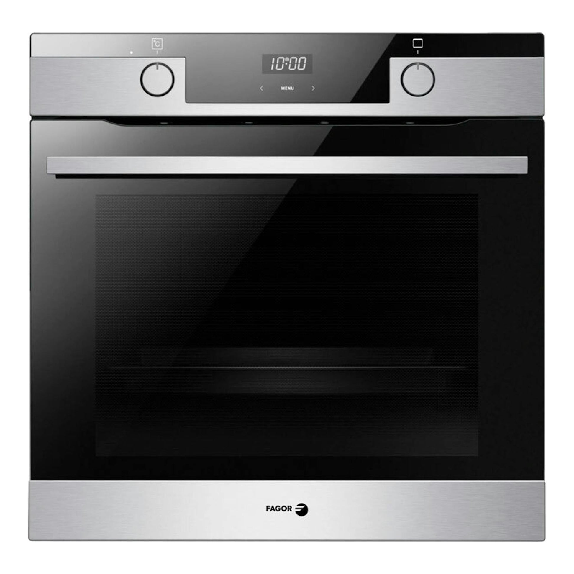 Horno empotrable Fagor 9H-185AX en acero inoxidable y cristal negro, vista frontal, con panel digital y dos mandos.