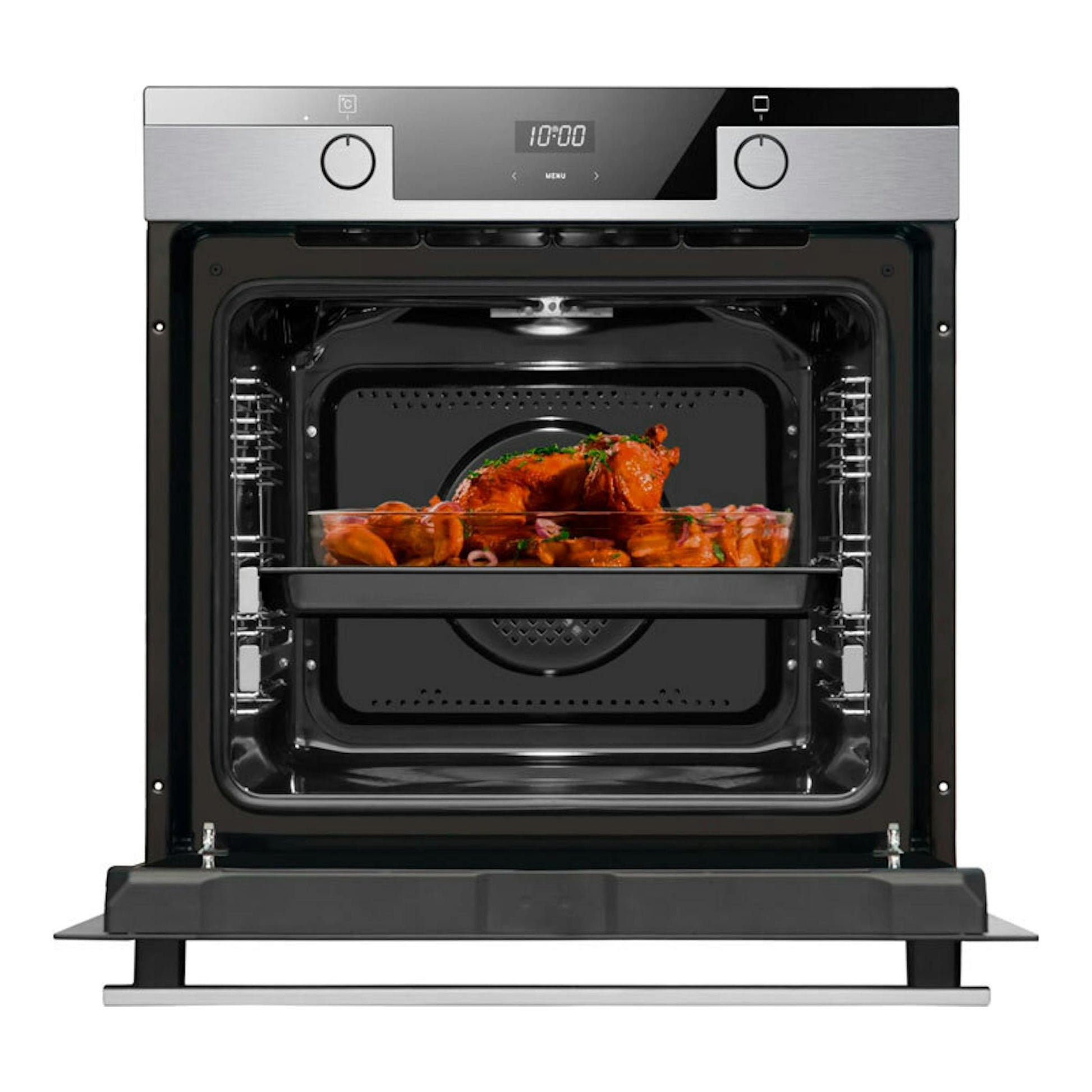 Horno Fagor 9H-185AX Inox, vista frontal, acero inoxidable y negro, con la puerta abierta y un pollo asado dentro.