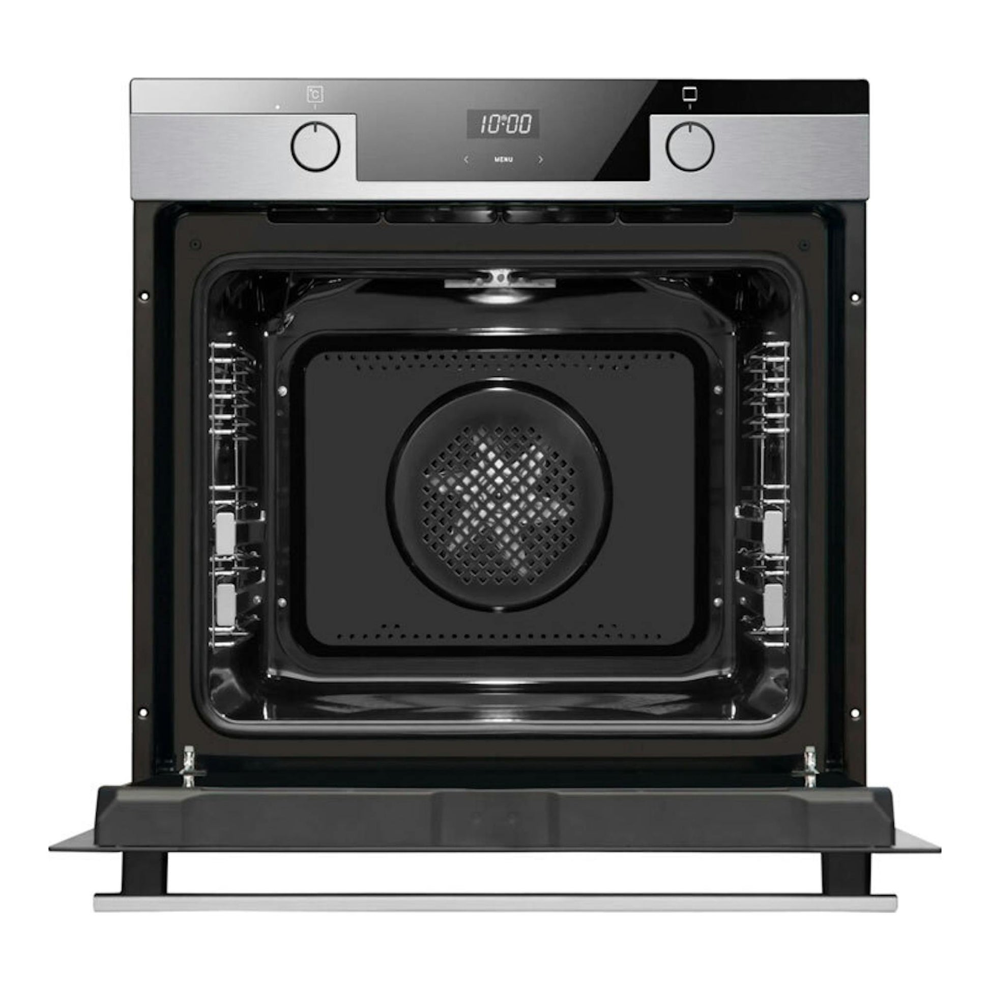 Horno Fagor 9H-185AX Inox empotrable, frontal abierto, panel plateado e interior negro con ventilador.