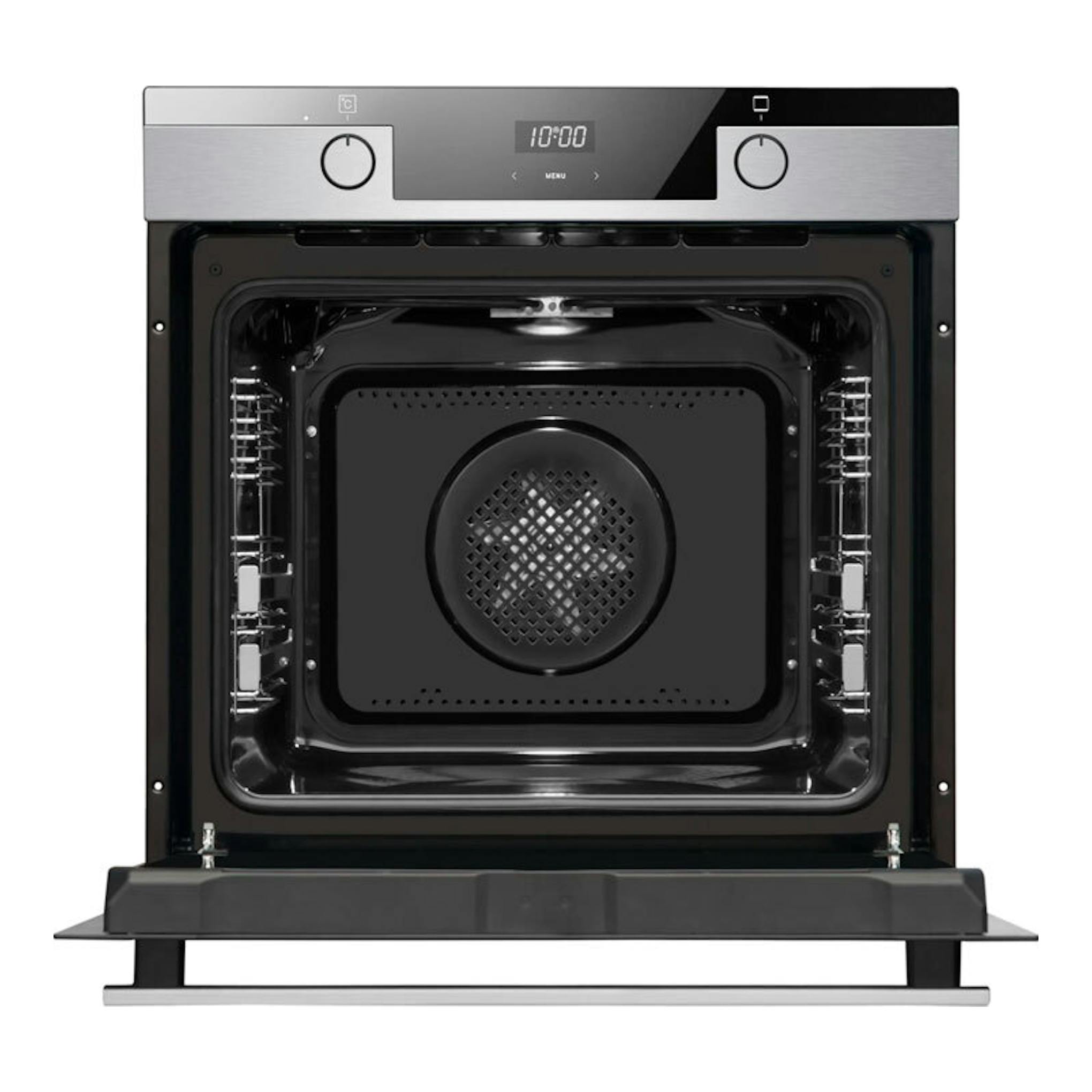 Horno Fagor 9H-185AX Inox empotrable, frontal abierto, panel plateado e interior negro con ventilador.