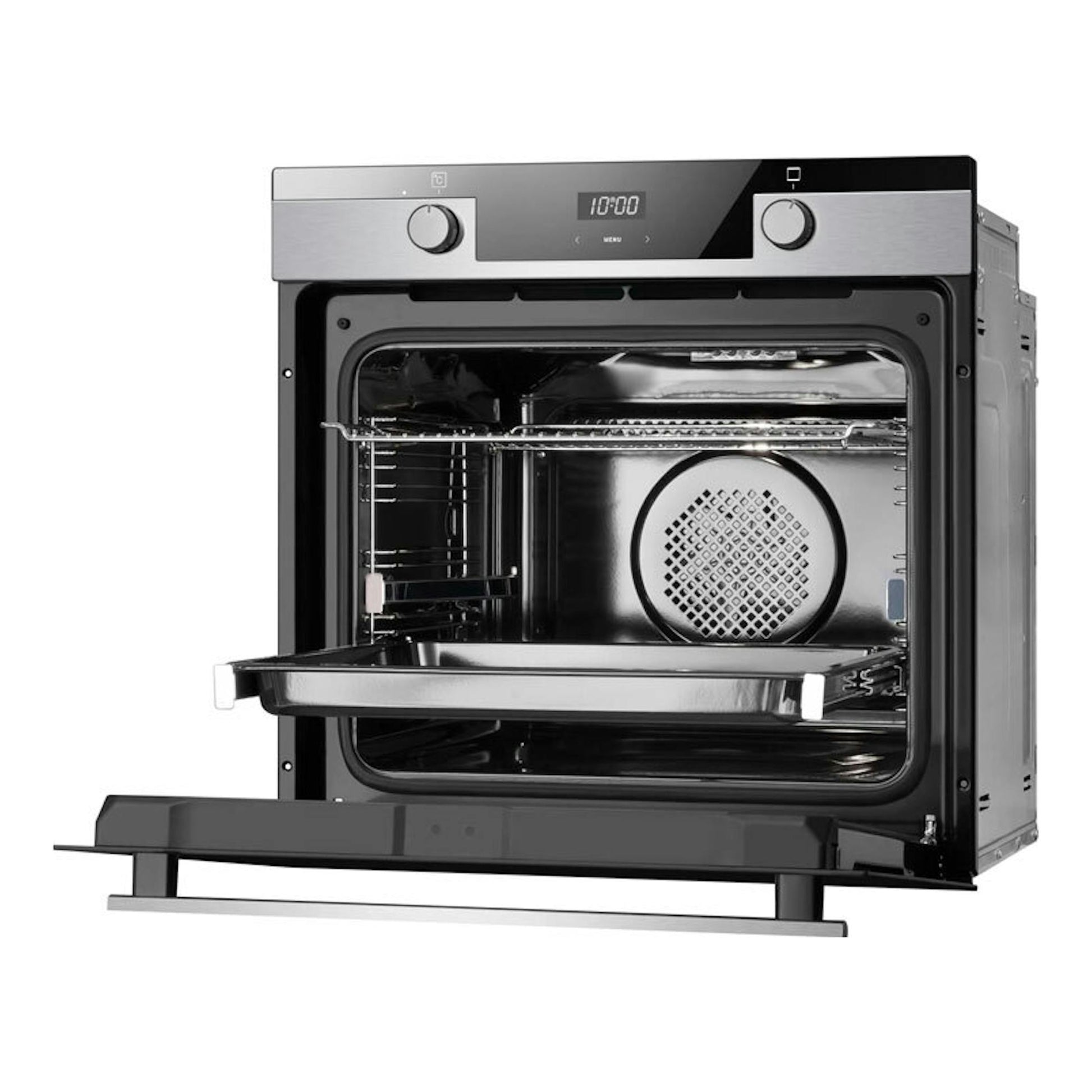 Horno Fagor 9H-185AX de acero inoxidable y negro, vista frontal con la puerta abatible abierta.
