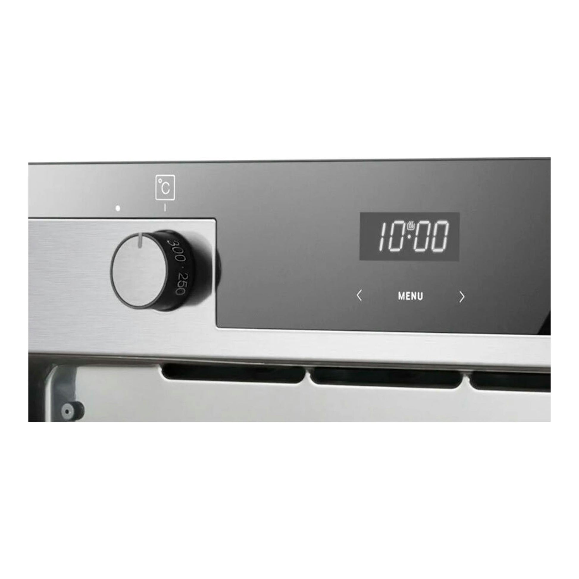 Horno Fagor 9H-185AX inox, vista frontal parcial del panel con selector y display digital 10:00.