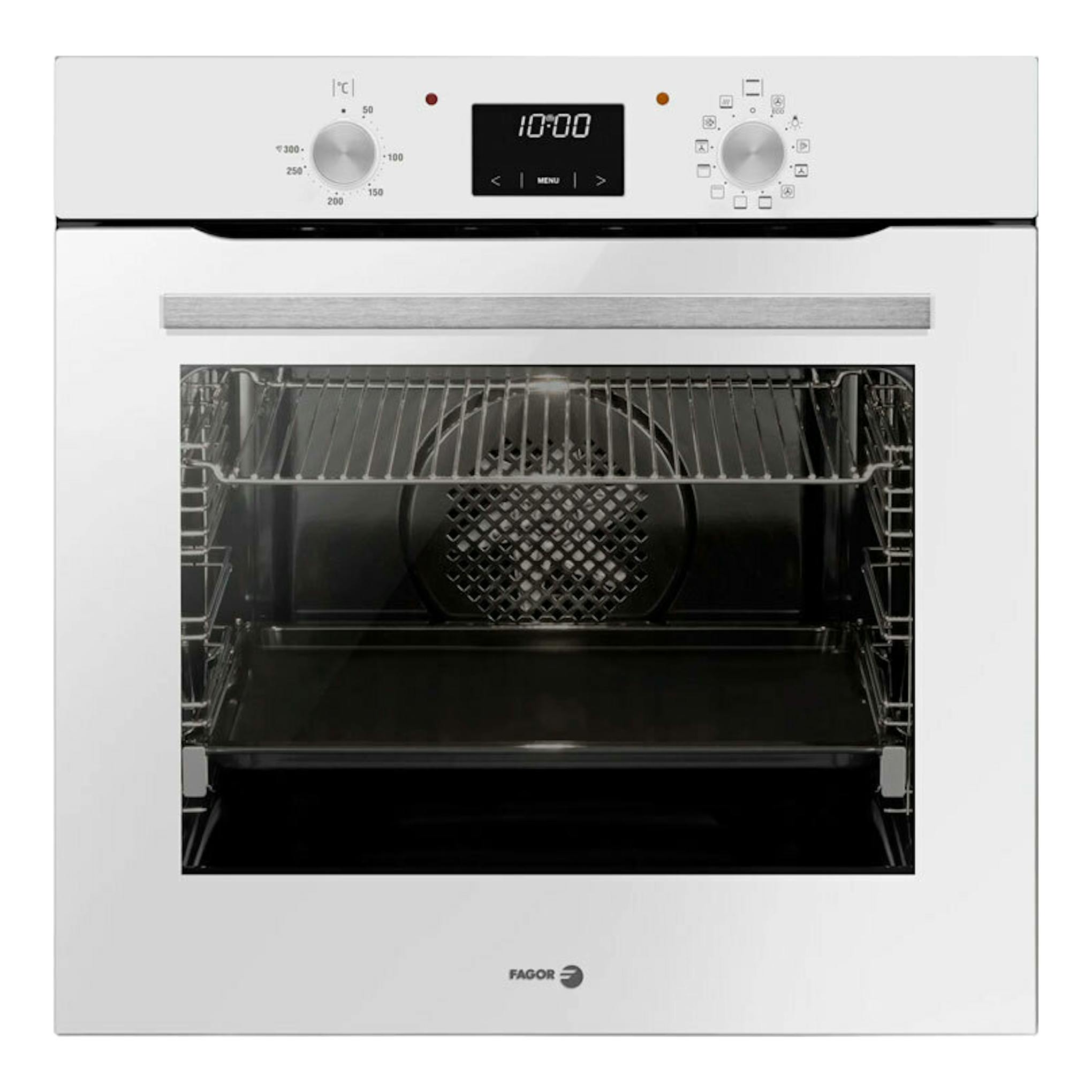 Horno Fagor 9H-185BB blanco, vista frontal, con panel digital central y puerta de cristal.