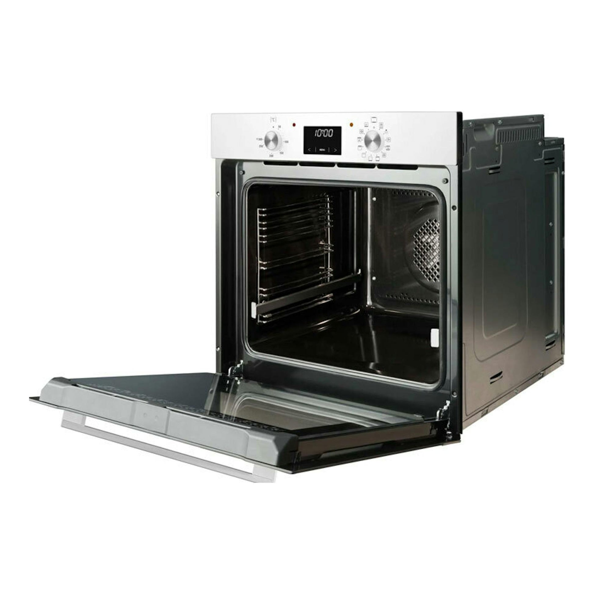 Horno Fagor 9H-185BB de cristal blanco, visto de frente con la puerta abatida y el interior negro visible.