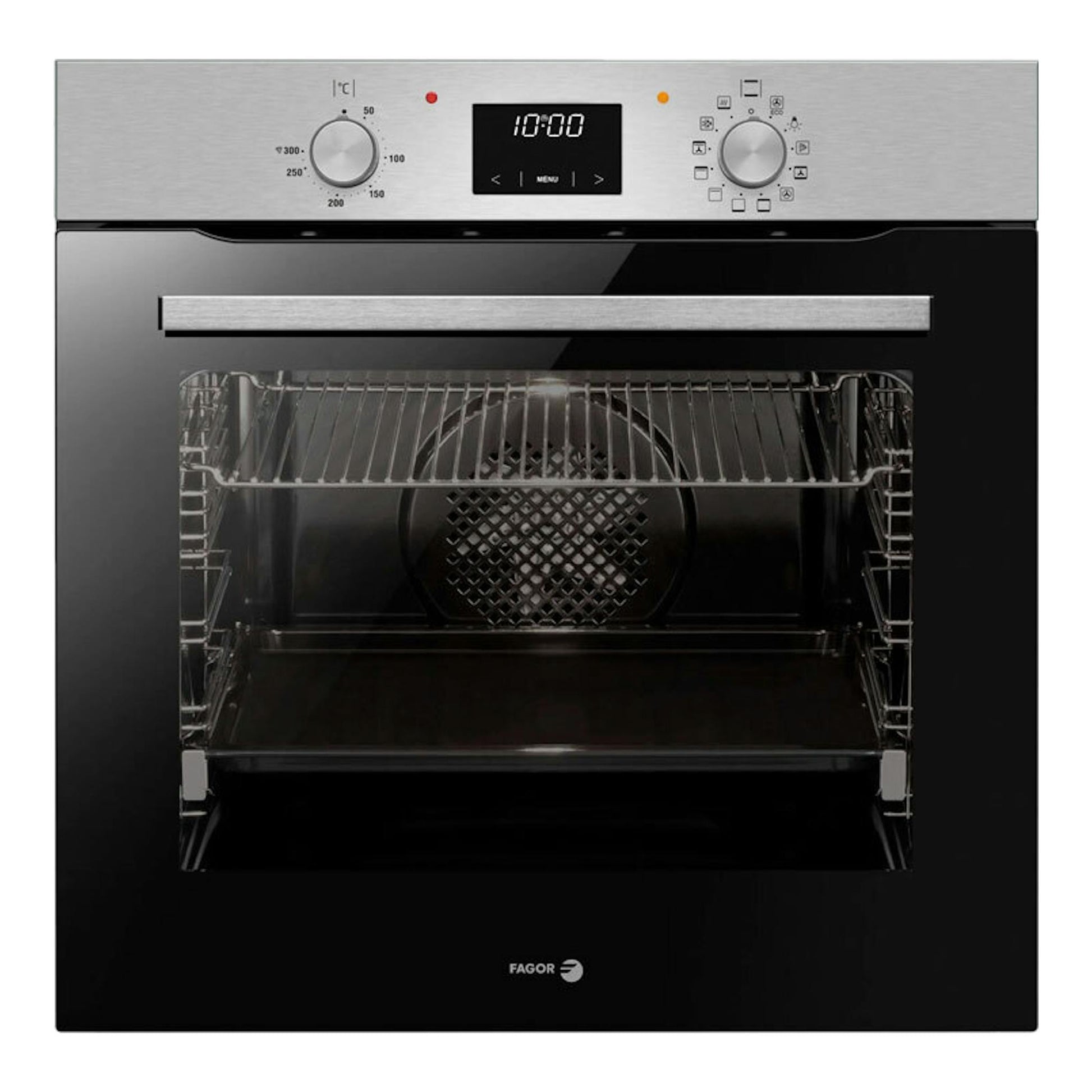 Horno Fagor 9H-185BX inox, vista frontal, puerta de cristal negra y panel superior inoxidable con mandos.