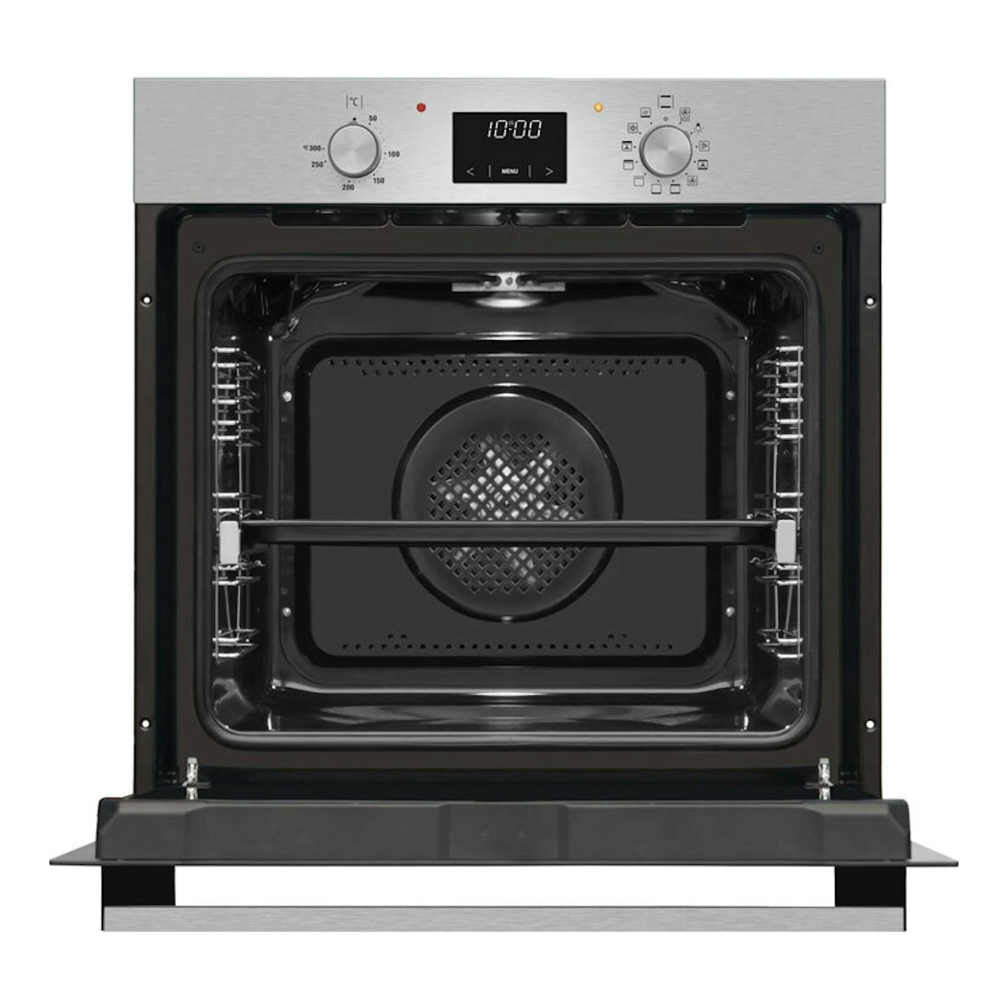 Horno empotrable Fagor 9H-185BX inox, vista frontal con puerta abatida abierta e interior negro visible.