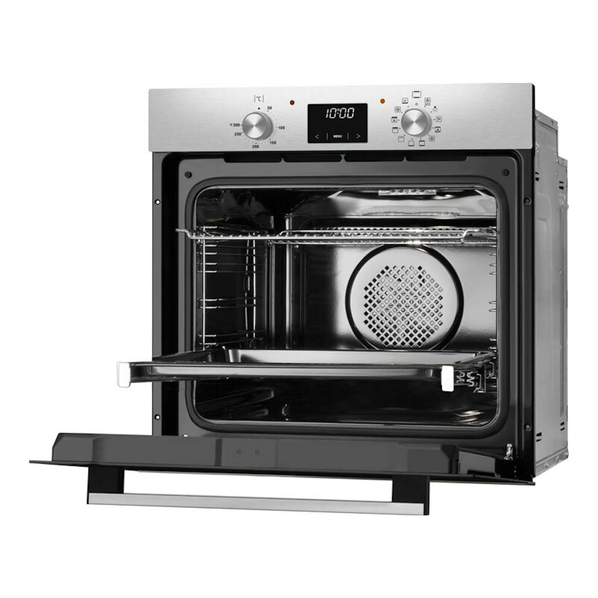 Horno Fagor 9H-185BX inox, empotrable, con puerta abatible abierta y frontal plateado; interior negro visible.