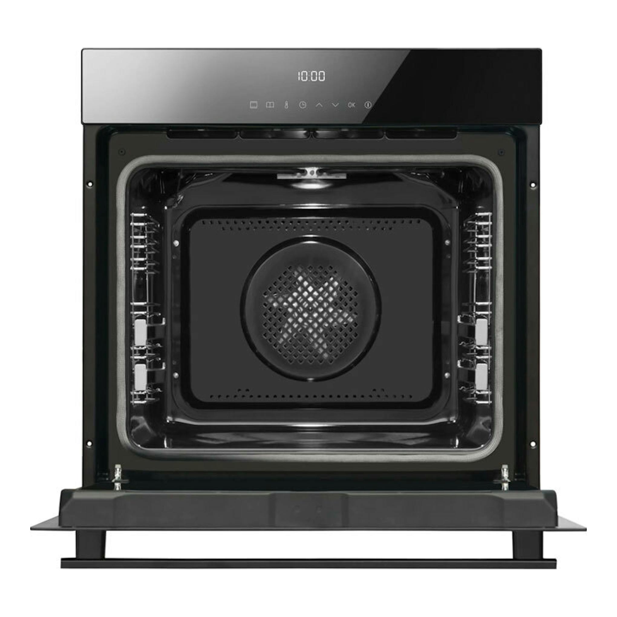 Horno Fagor 9H-195TCN de cristal negro, vista frontal con puerta abierta y panel digital.