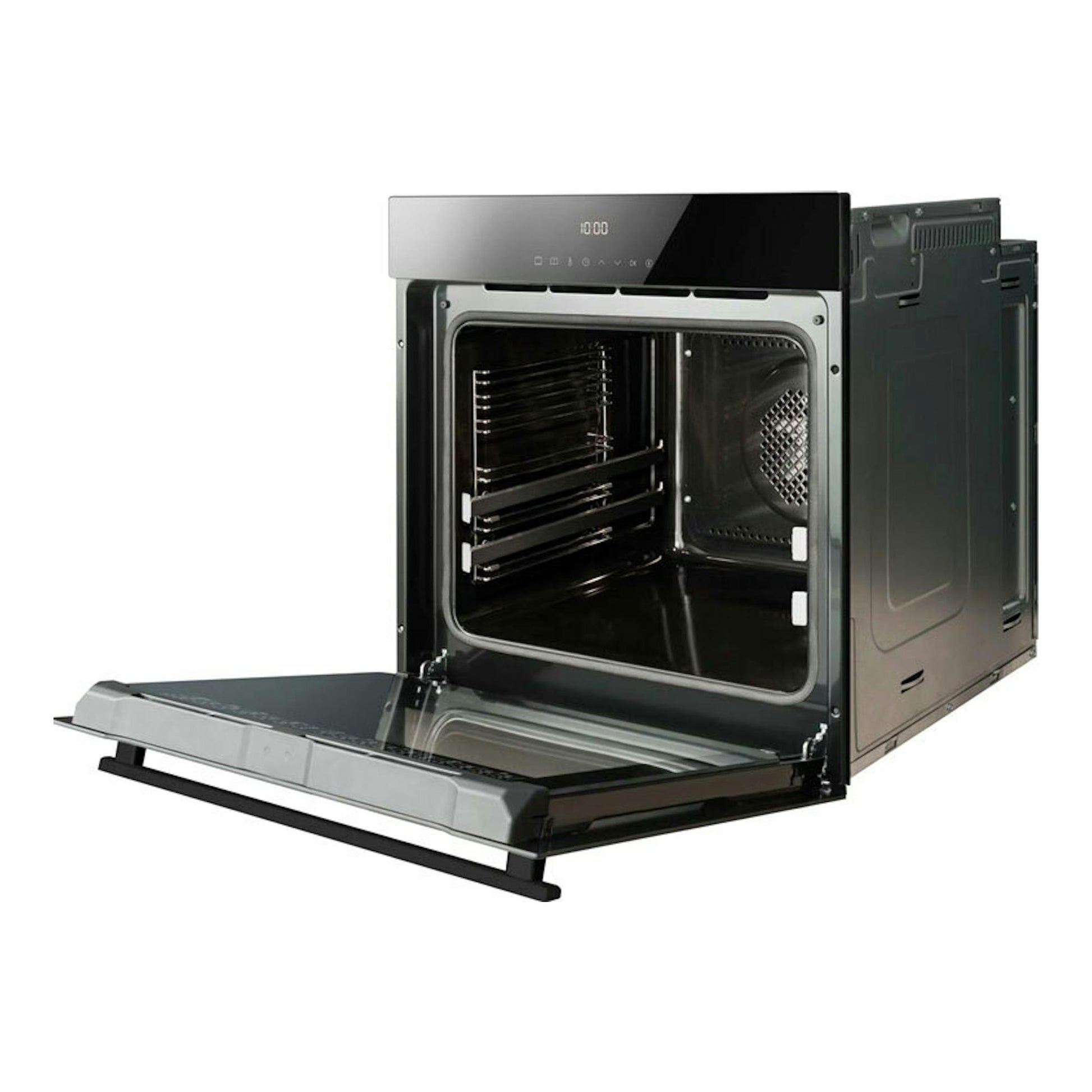 Horno Fagor 9H-195TCN de cristal negro, visto de frente con la puerta abatida y el interior abierto.
