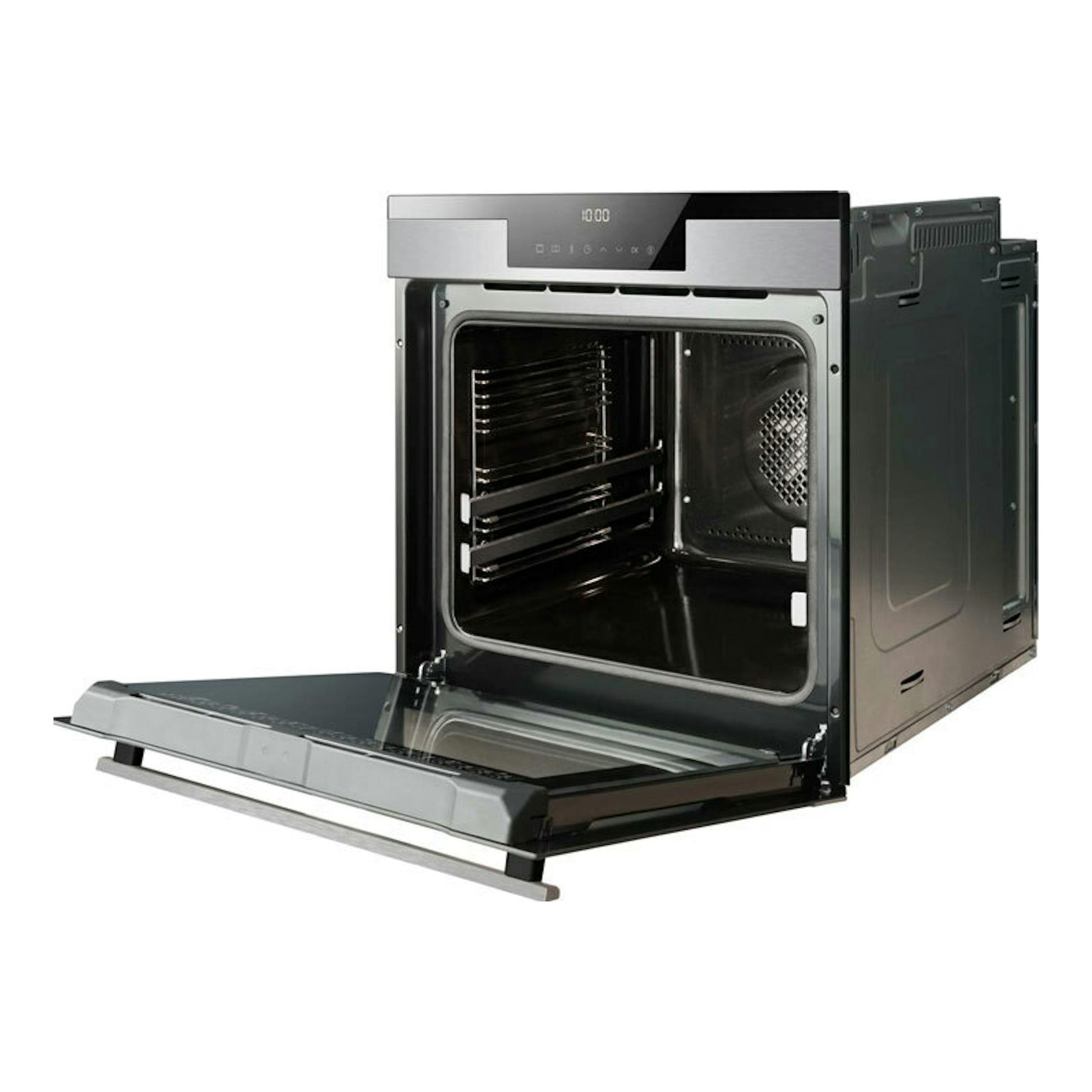 Horno Fagor 9H-195TCX de acero inox, vista frontal en ángulo con la puerta abatible abierta.