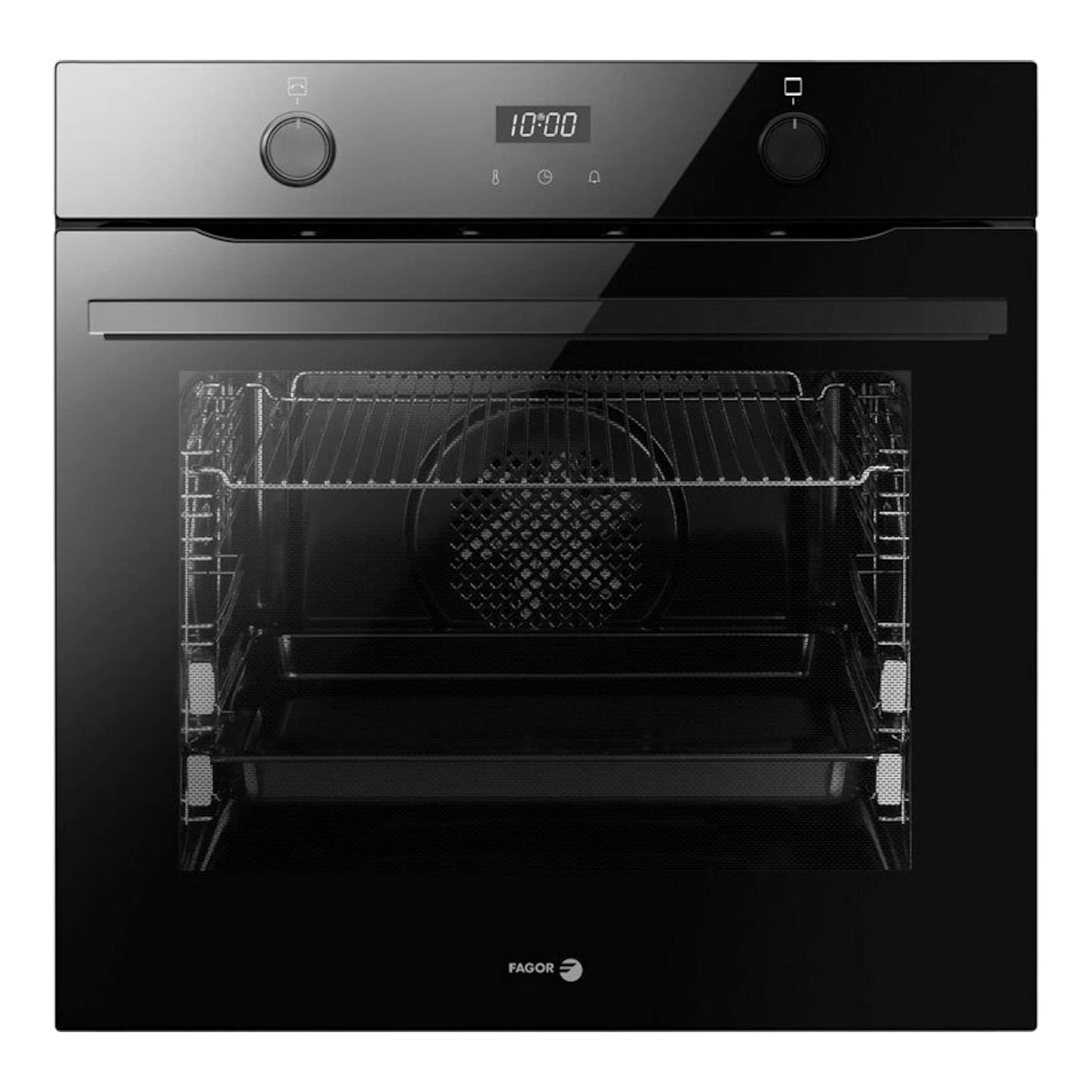 Horno Fagor 9H-755AN de cristal negro, vista frontal con puerta de vidrio y panel digital superior.