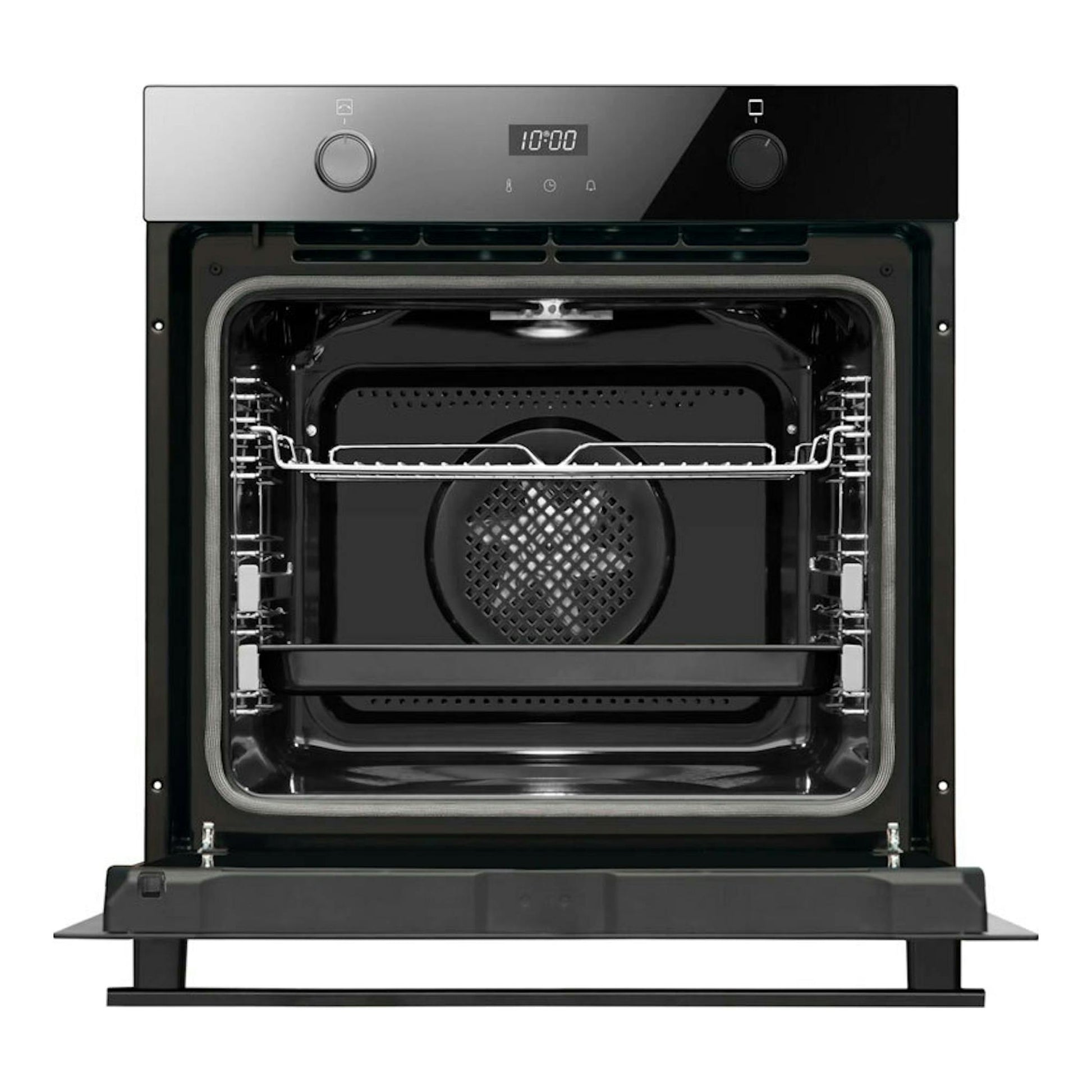 Horno Fagor 9H-755AN de cristal negro, vista frontal con puerta abierta y panel digital.