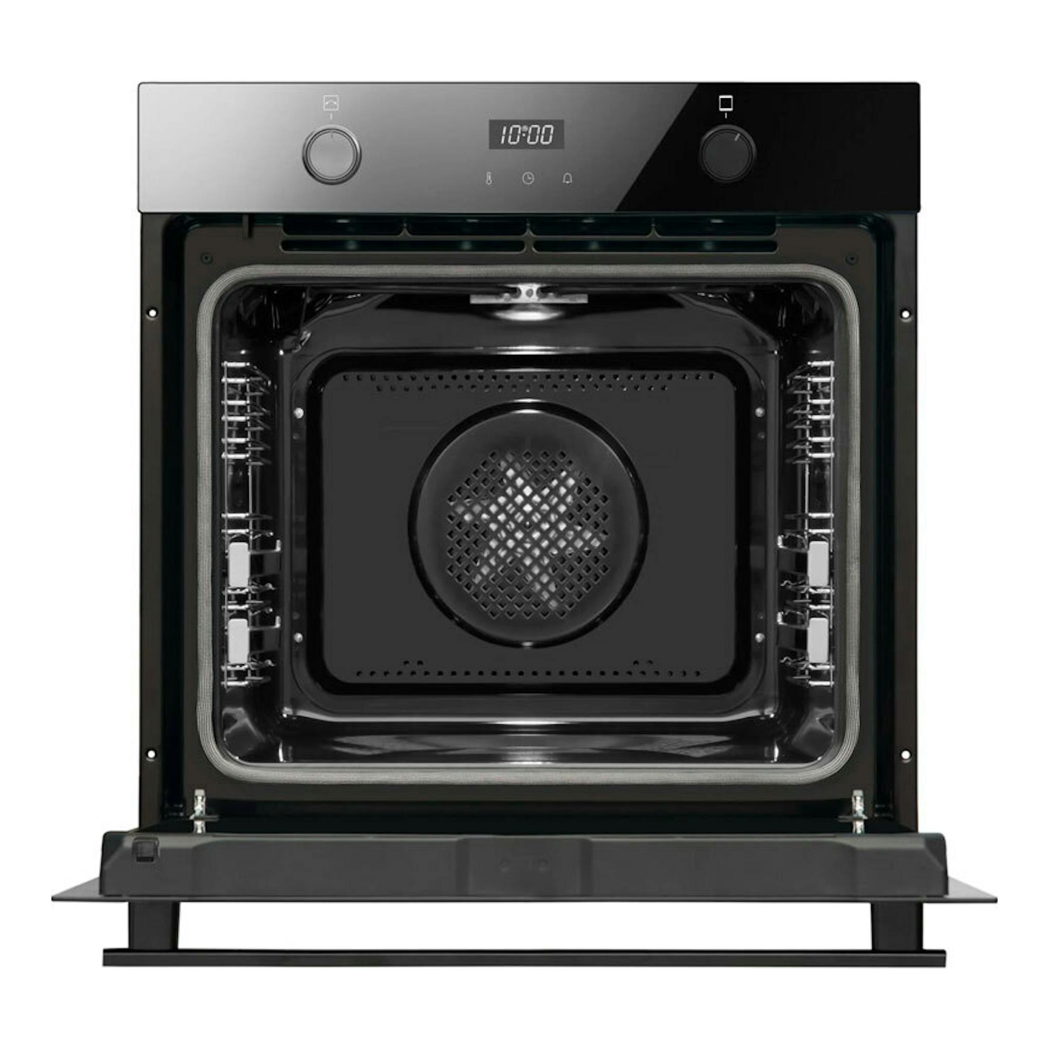 Horno Fagor 9H-755AN de cristal negro, vista frontal abierta con panel digital y dos mandos.