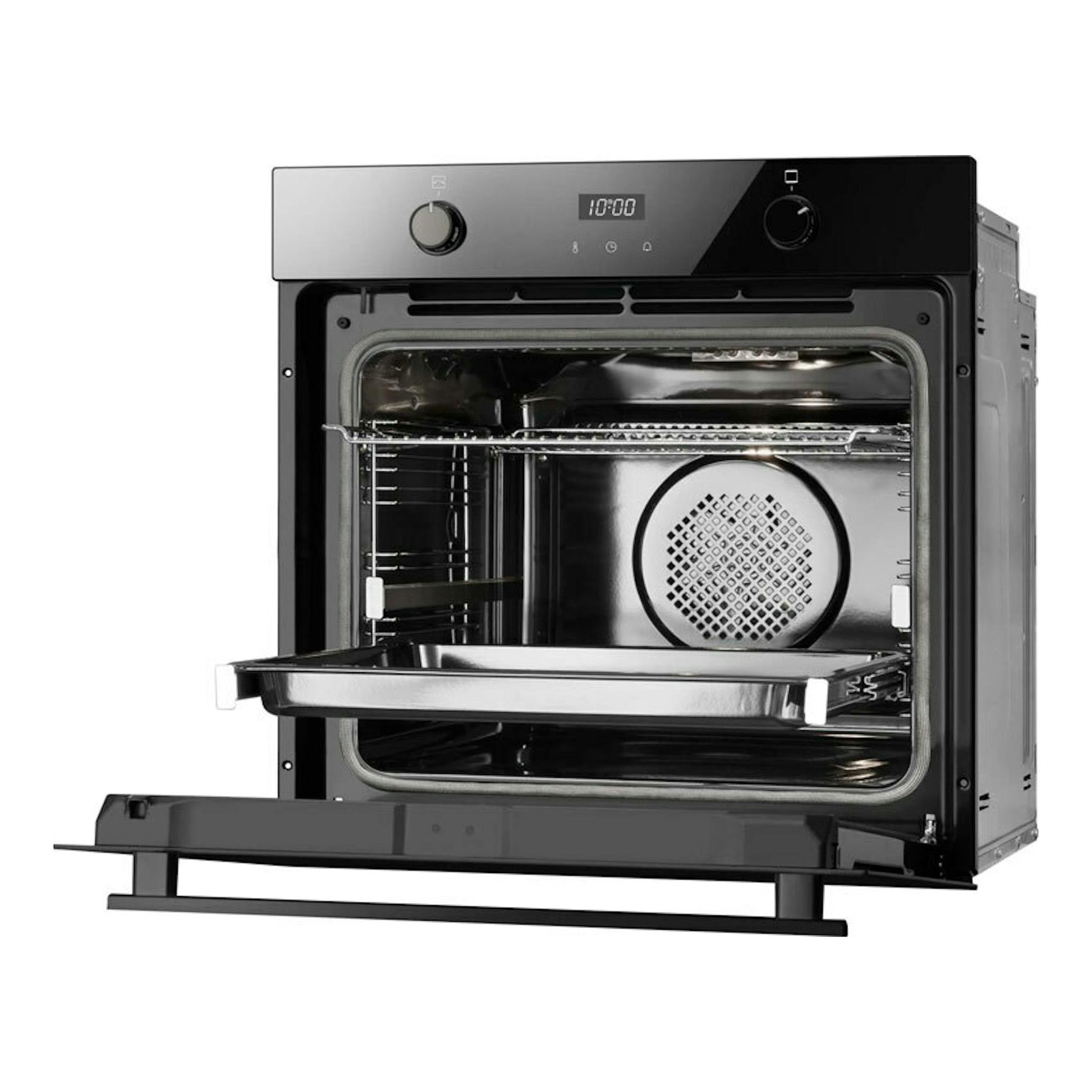 Horno Fagor 9H-755AN de cristal negro, vista frontal con puerta abatida, dos mandos y bandeja interior.