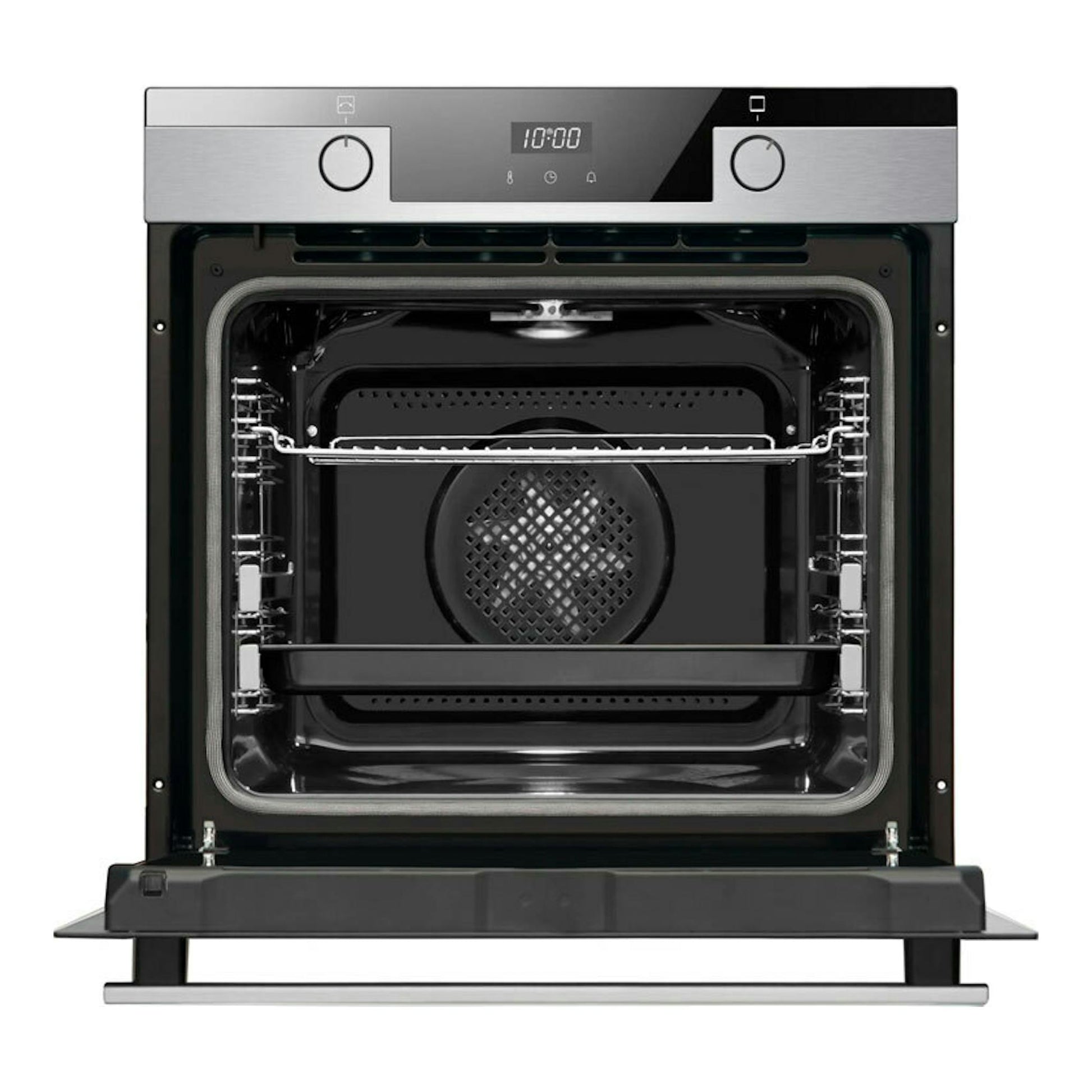 Fagor 9H-755AX, horno empotrable inox, vista frontal con puerta abierta y panel digital.