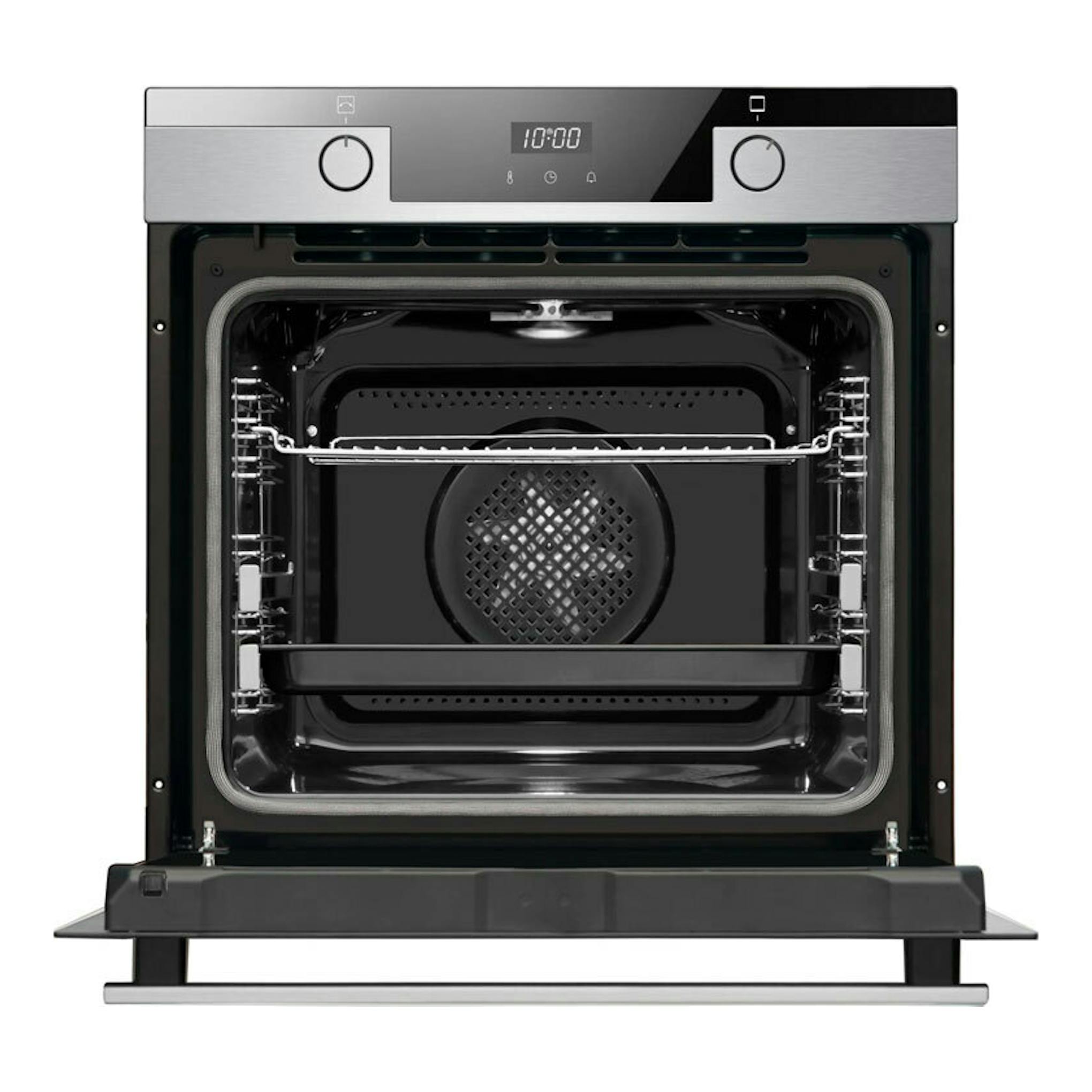 Fagor 9H-755AX, horno empotrable inox, vista frontal con puerta abierta y panel digital.
