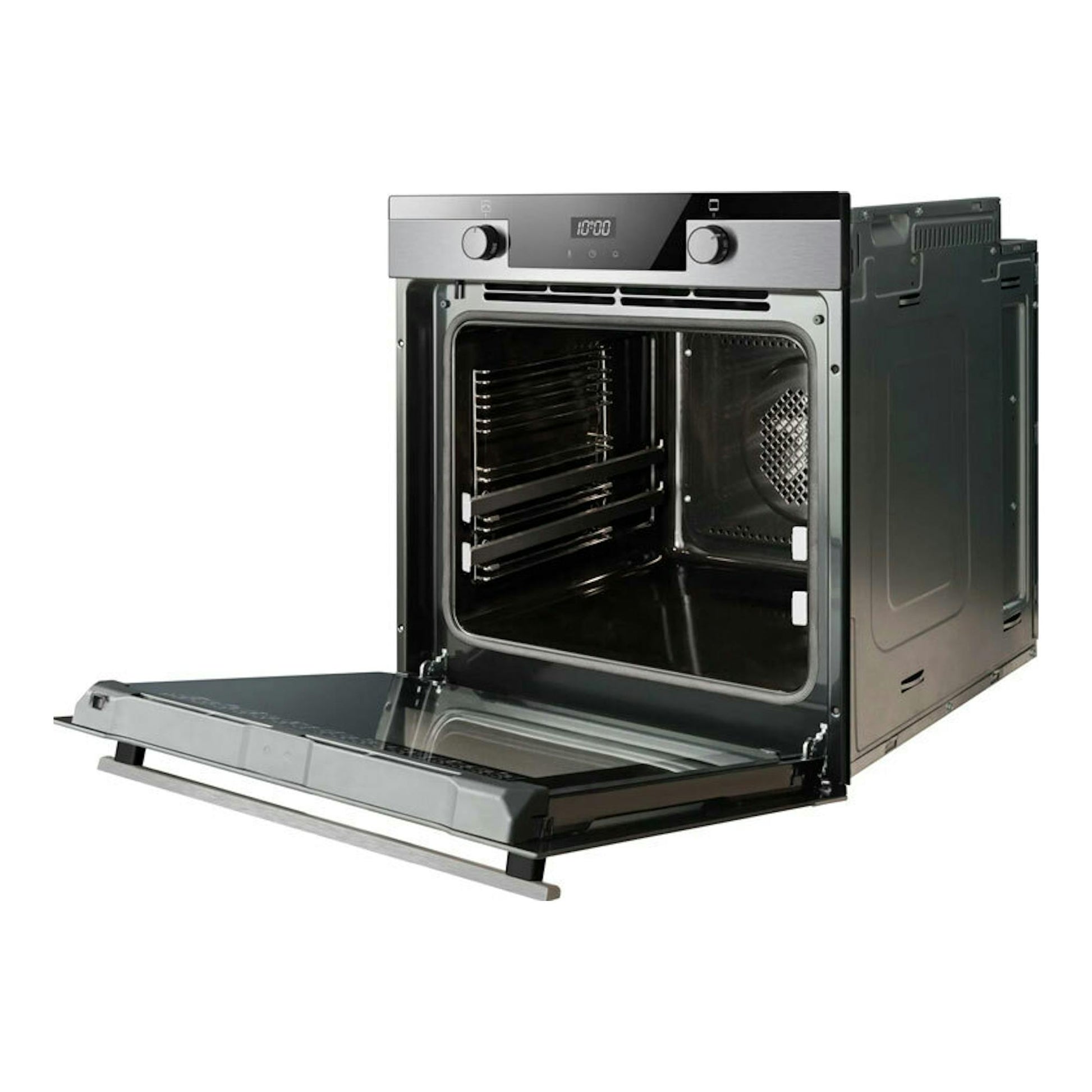 Horno Fagor 9H-755AX inox, vista frontal en ángulo, puerta abatible abierta y panel con mandos.