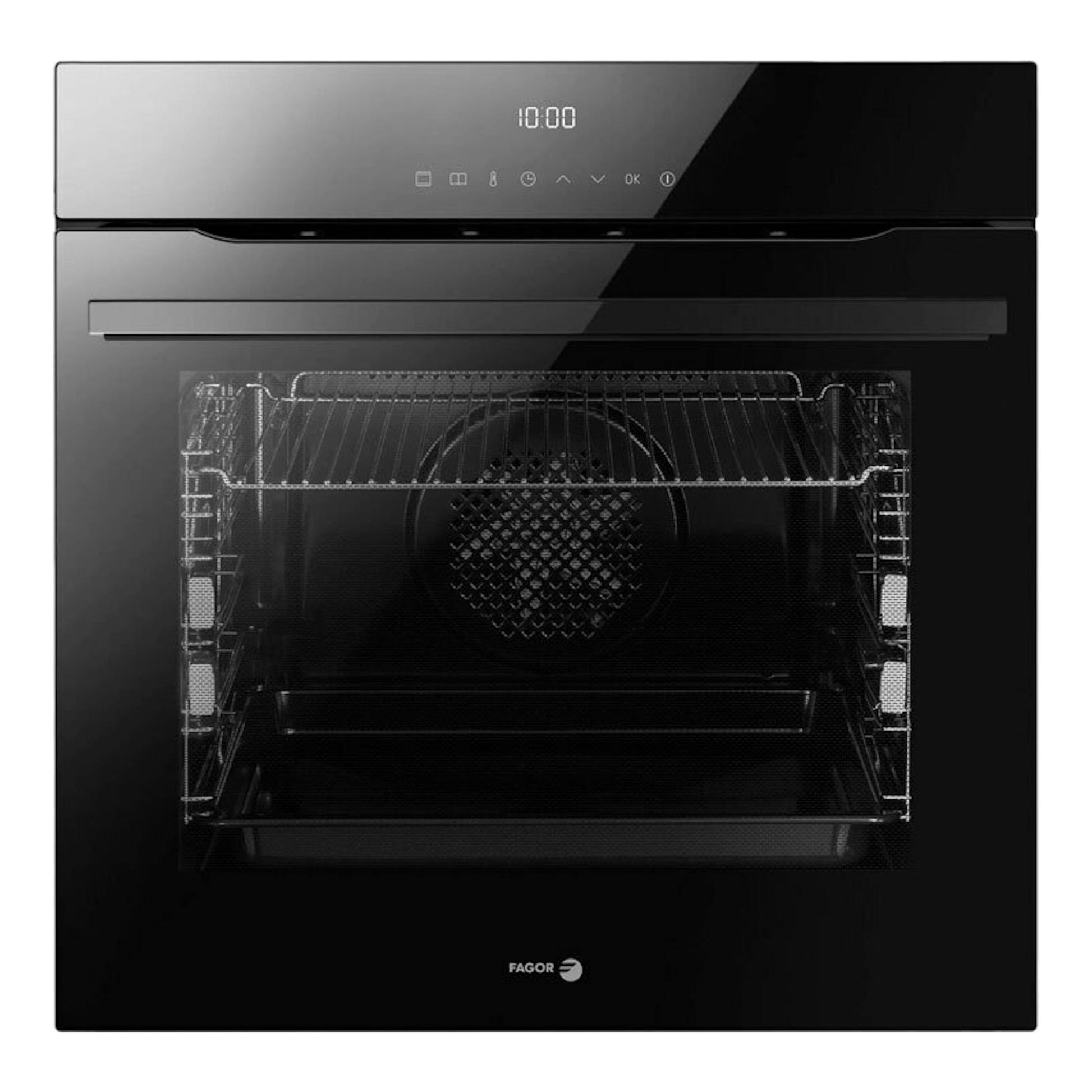 Horno empotrable Fagor 9H-760TCN de cristal negro, vista frontal, con display digital y puerta de vidrio.