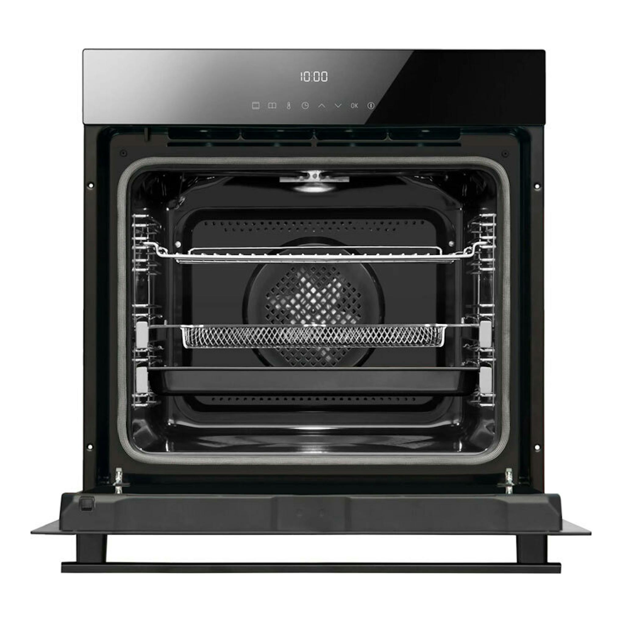 Horno Fagor 9H-760TCN de cristal negro, vista frontal con la puerta abatida y el interior visible.