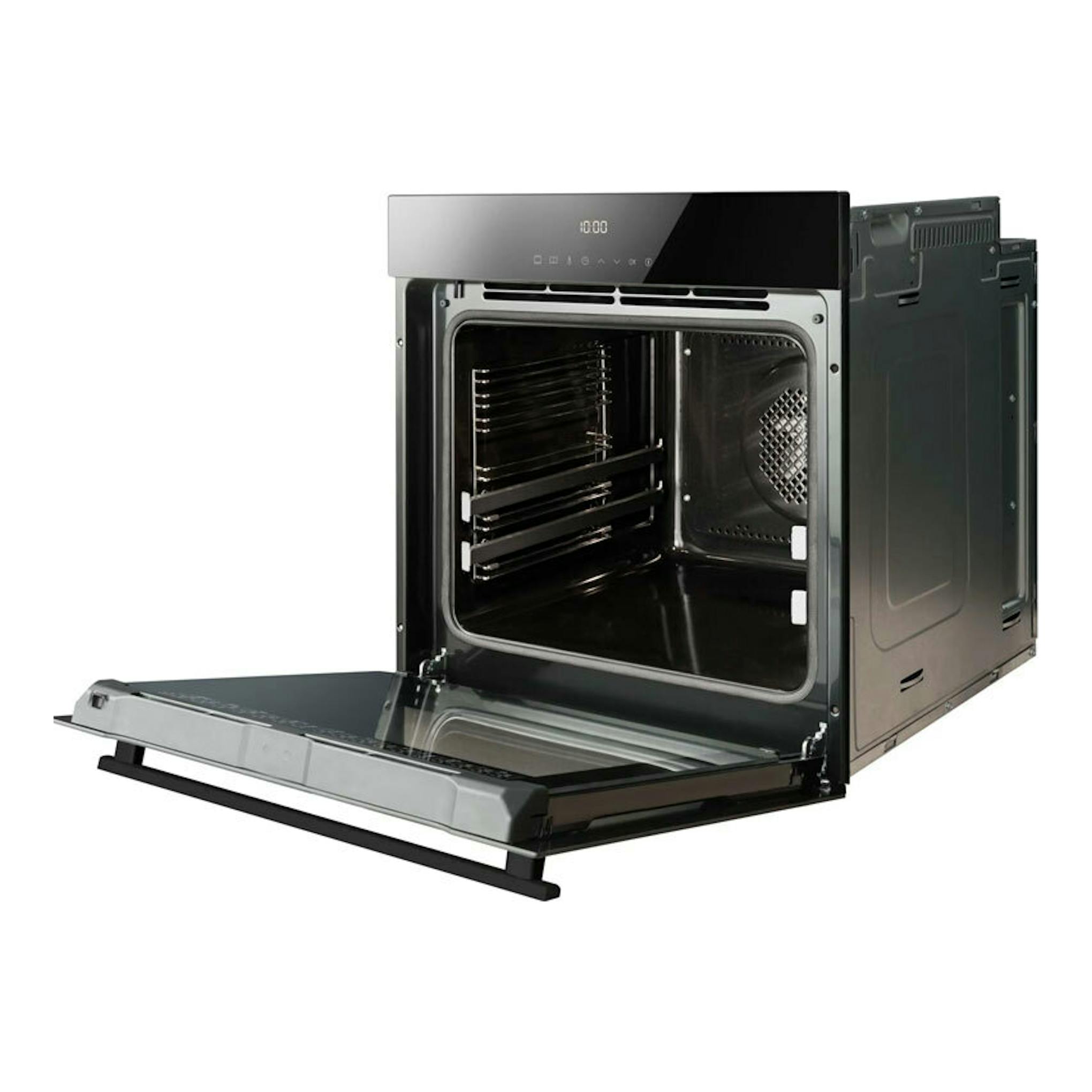 Horno Fagor 9H-760TCN de cristal negro, visto de tres cuartos con la puerta abatible abierta y el interior visible.