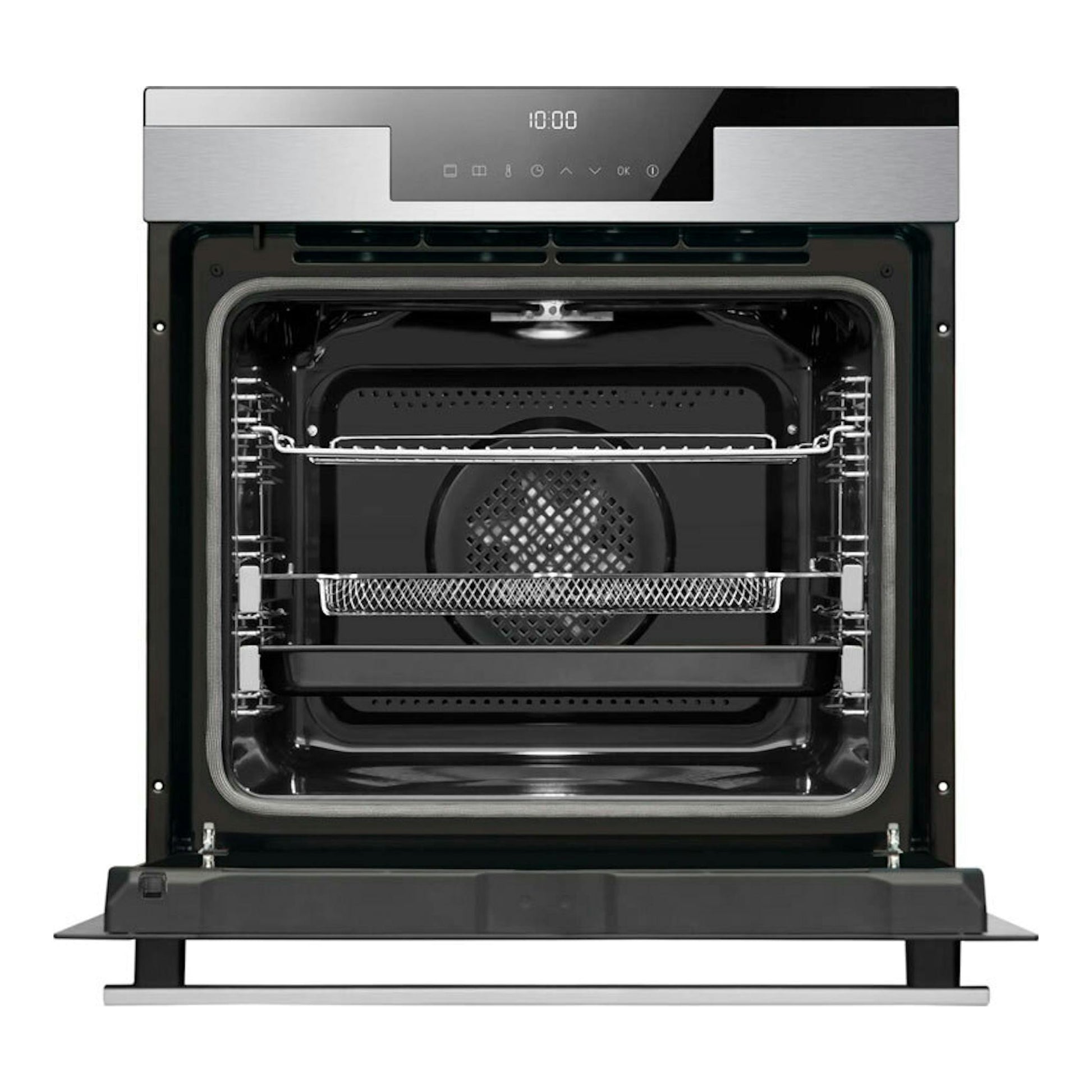 Horno Fagor 9H-760TCX inox, vista frontal con la puerta abierta y cavidad interior negra.